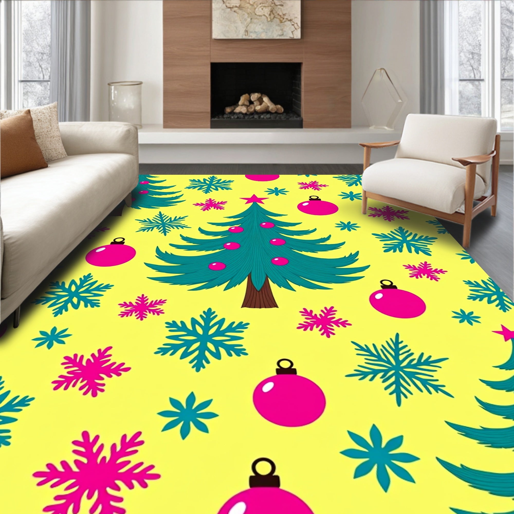 Christmas Trees Snowflakes Pink Baubles Rug