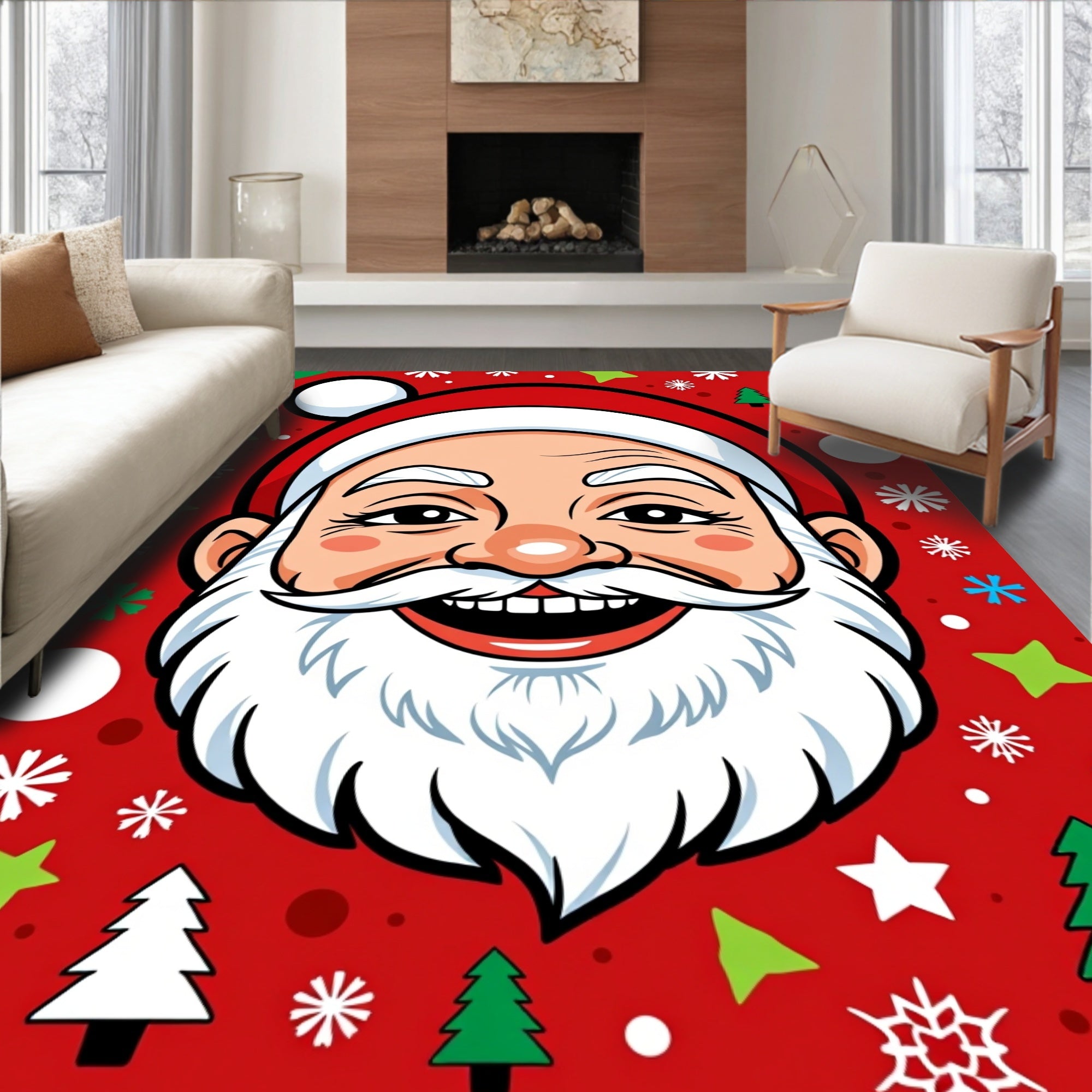 Jolly Santa Claus Christmas Trees Snowflakes Rug