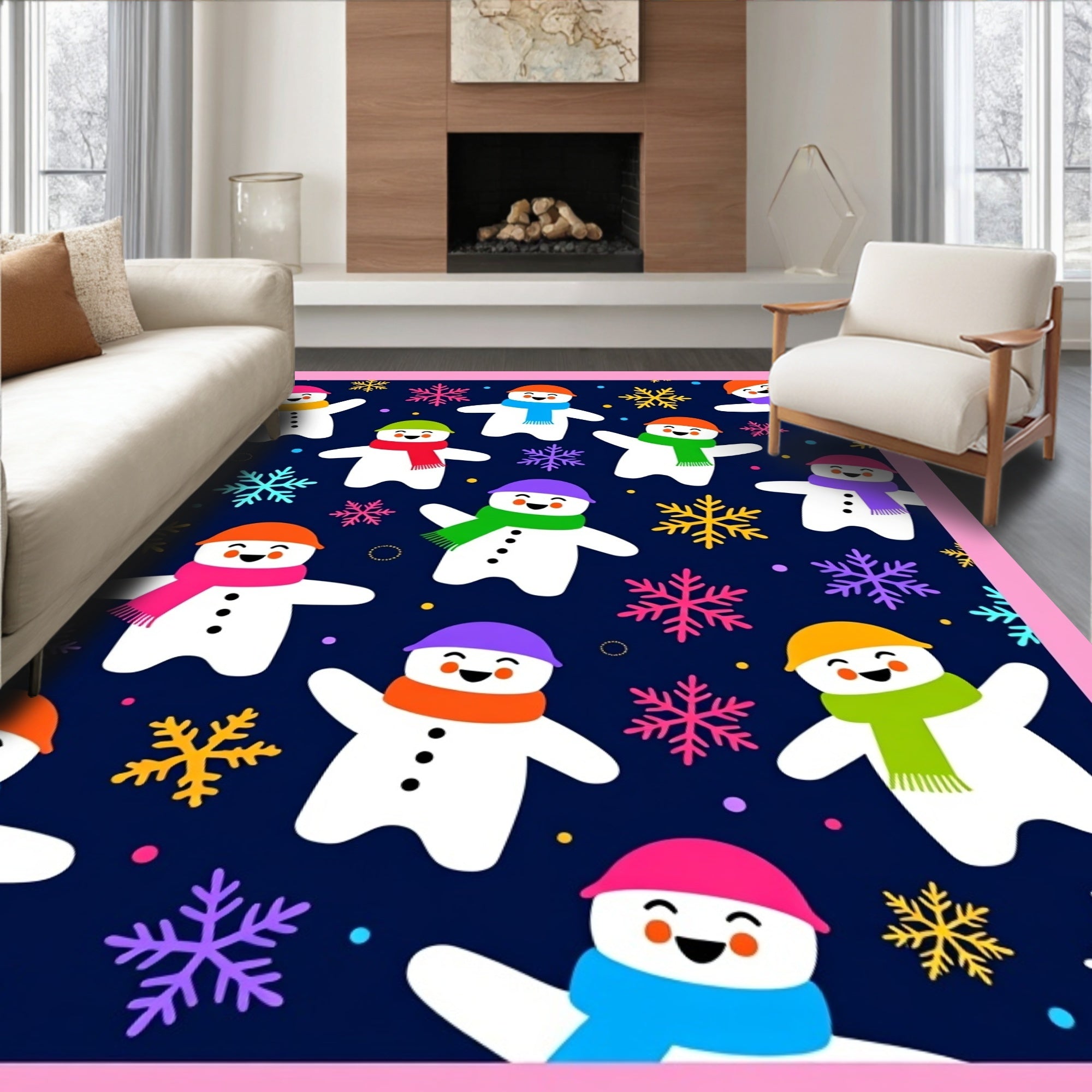Playful Snowman Snowflake Festive Scene Rug