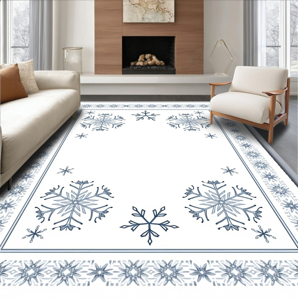 Winter Snowflake Border Blue White Rug