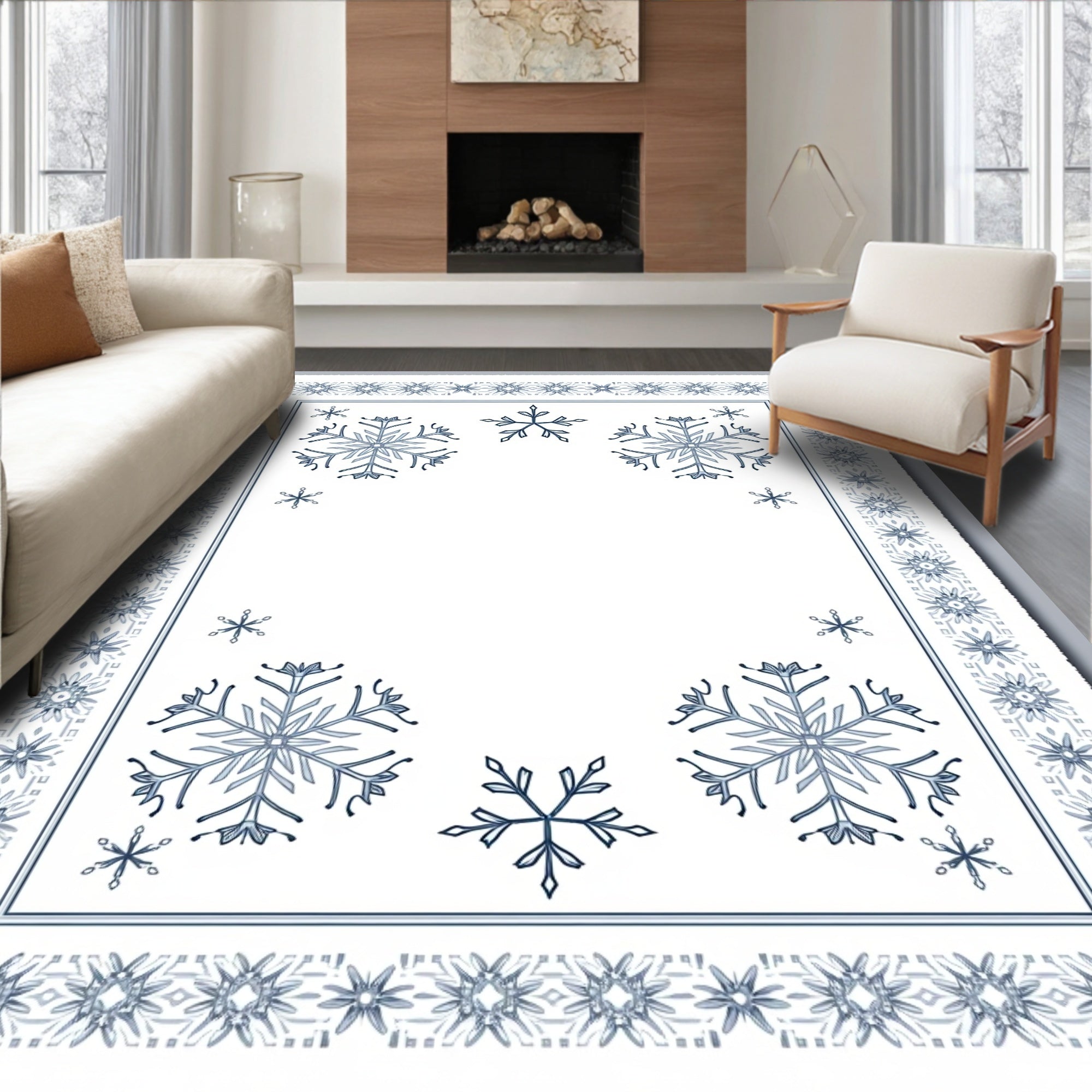 Winter Snowflake Border Blue White Rug