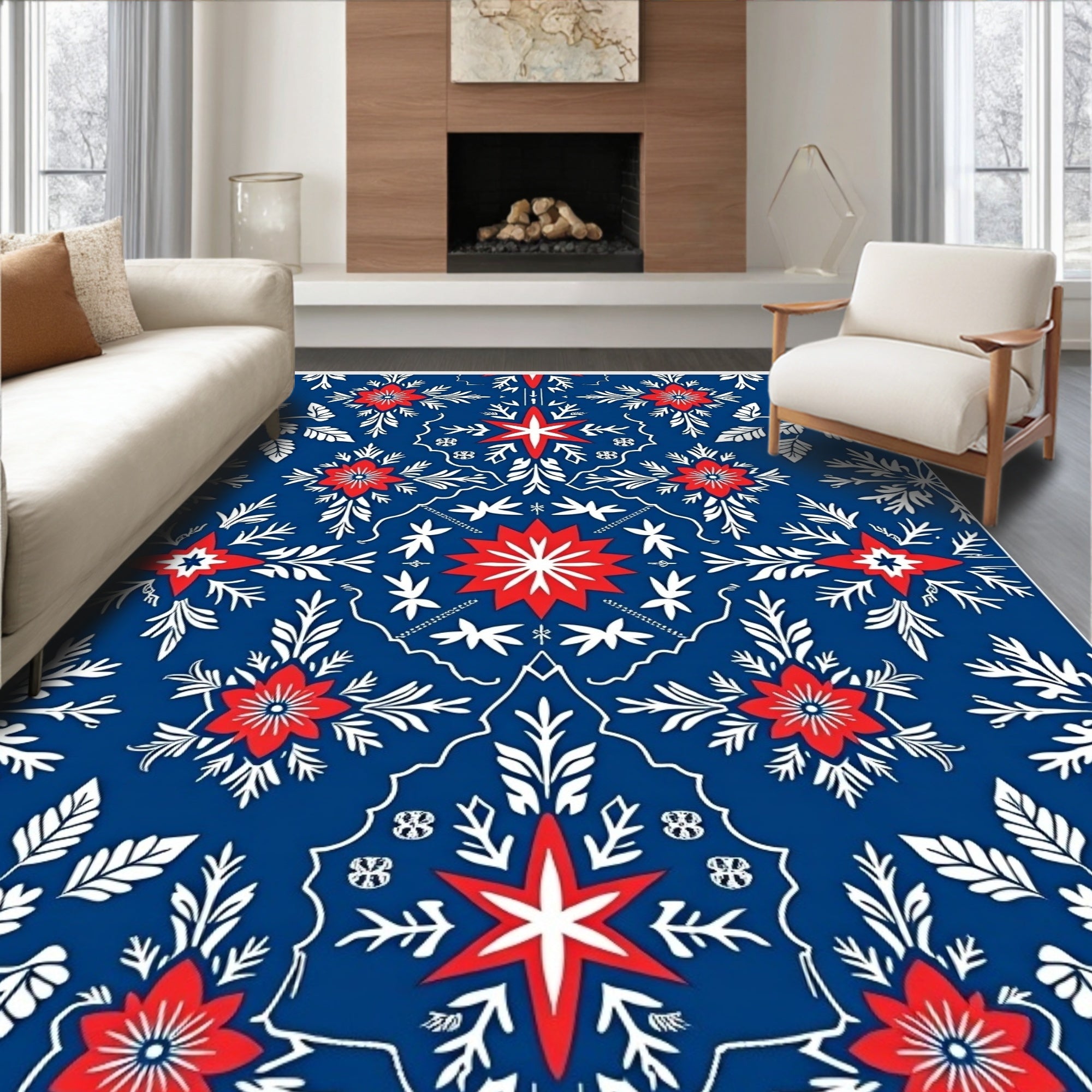 Red White Blue Star Floral Medallion Rug