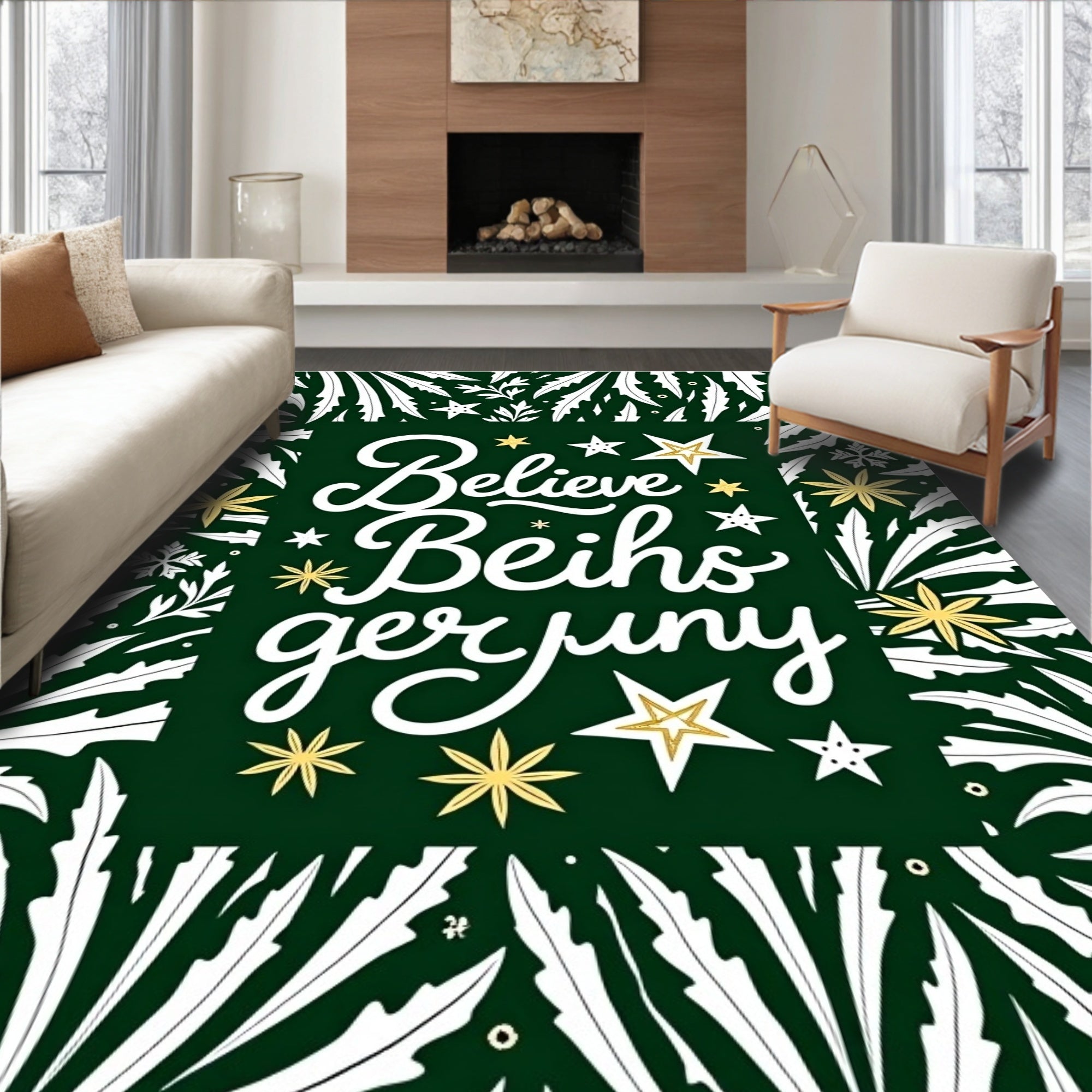 Green White Gold Star Foliage Rug