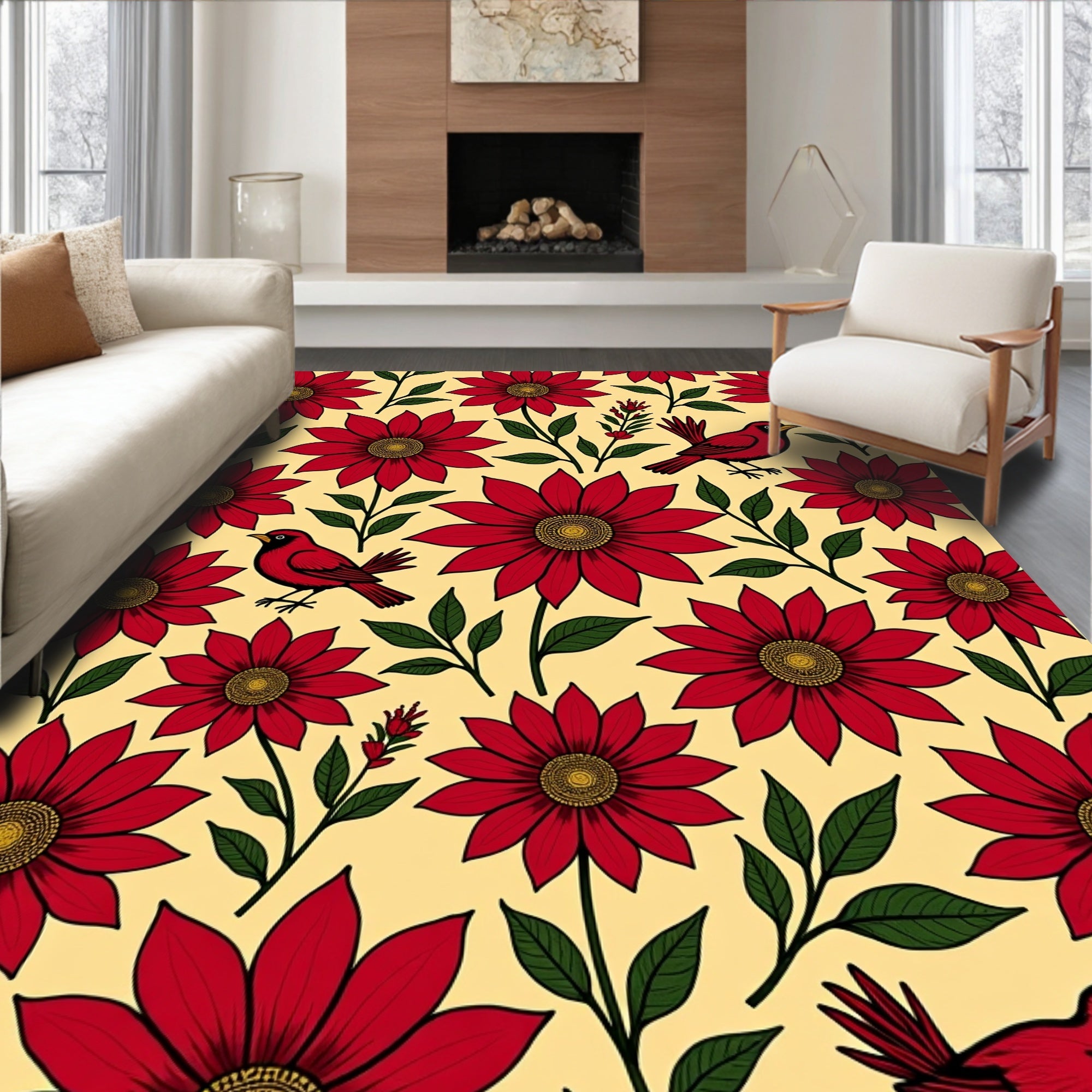 Whimsical Red Bird Floral Garden Rug
