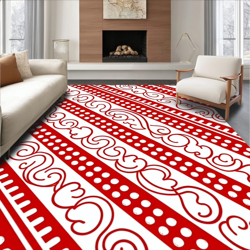 Red White Scrolling Vine Stripe Rug