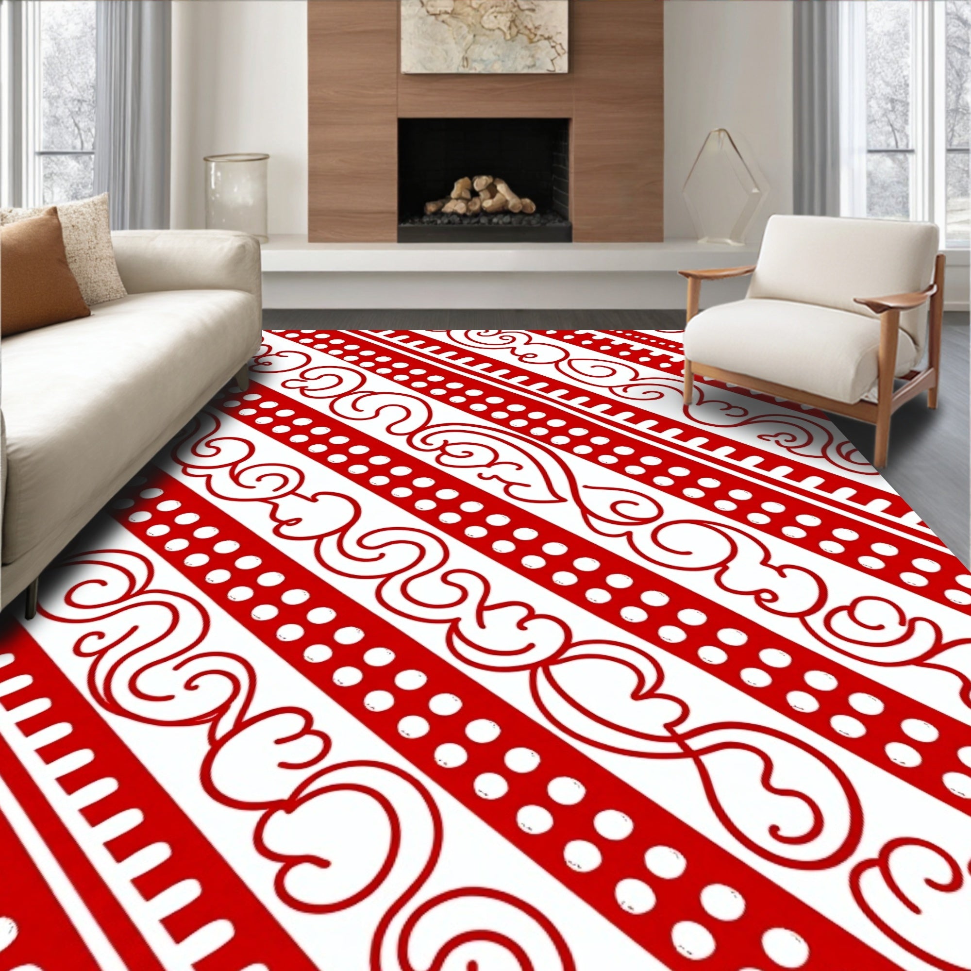 Red White Scrolling Vine Stripe Rug
