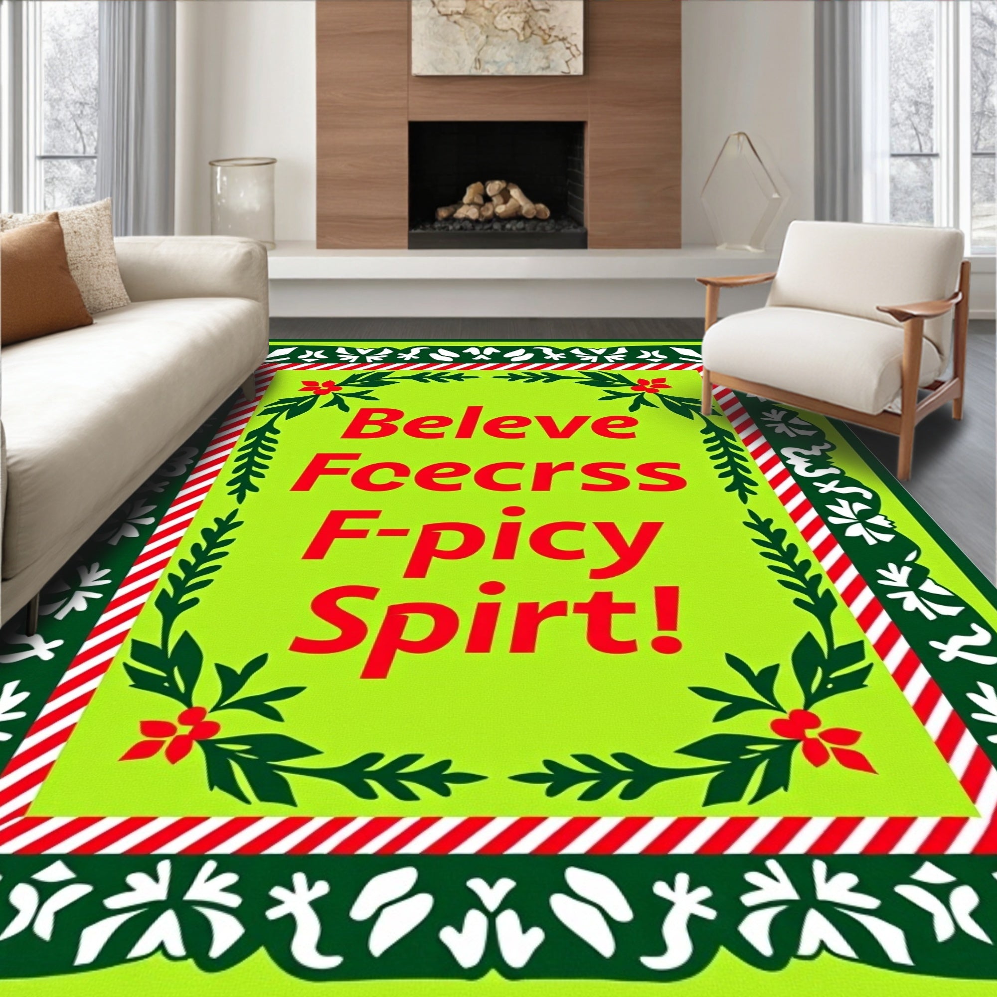 Vibrant Lime Green Floral Border Rug