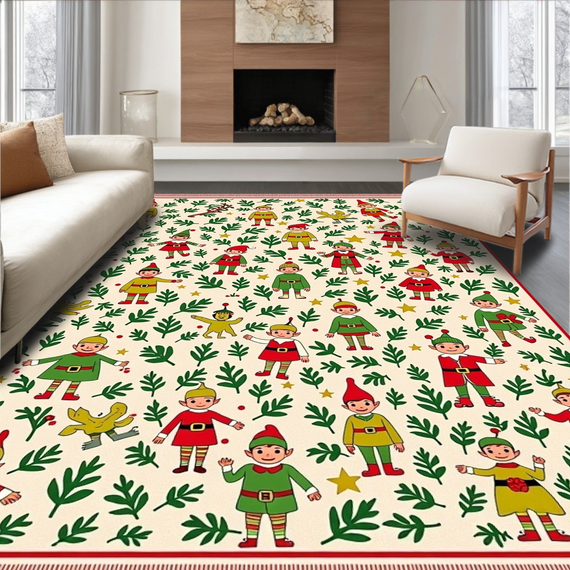 Festive Elves With Greenery Holiday Rug