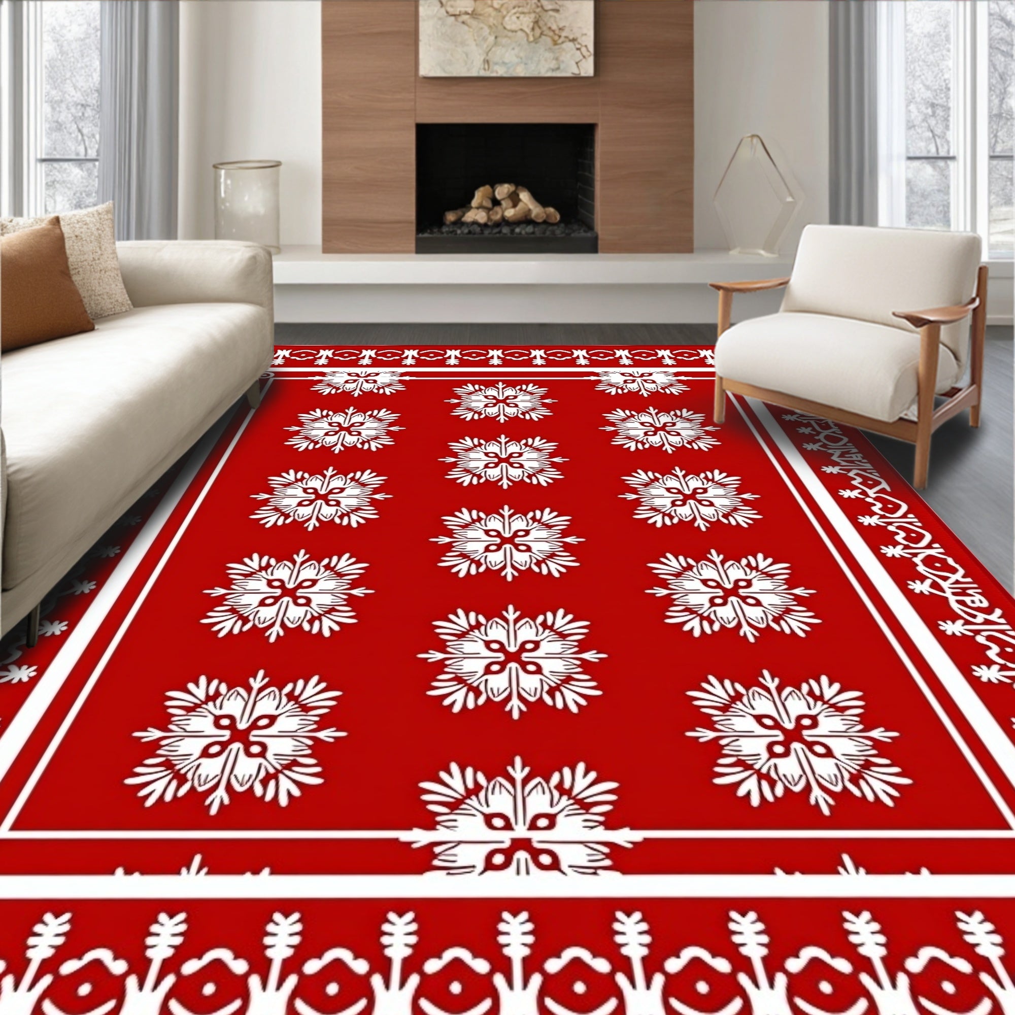 Bold Red Snowflake Medallion Rug