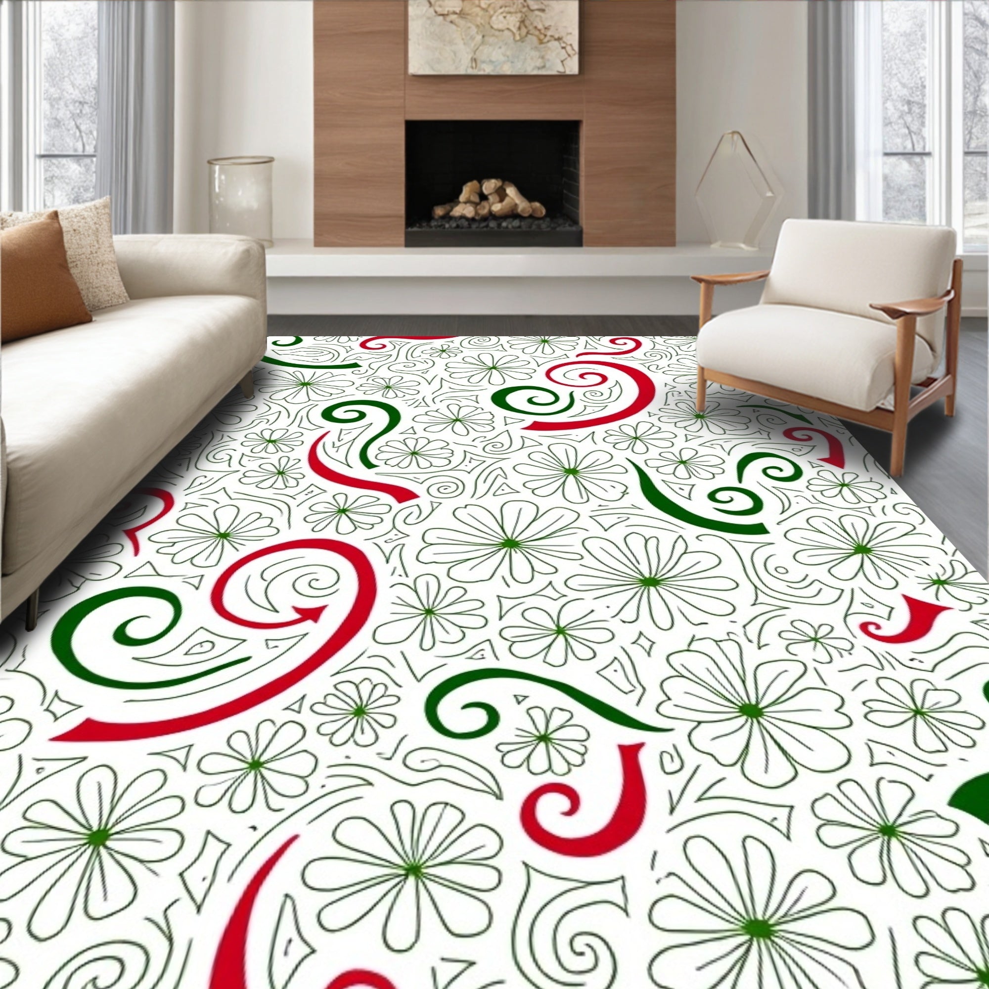 Whimsical Red Green Floral Swirl Rug