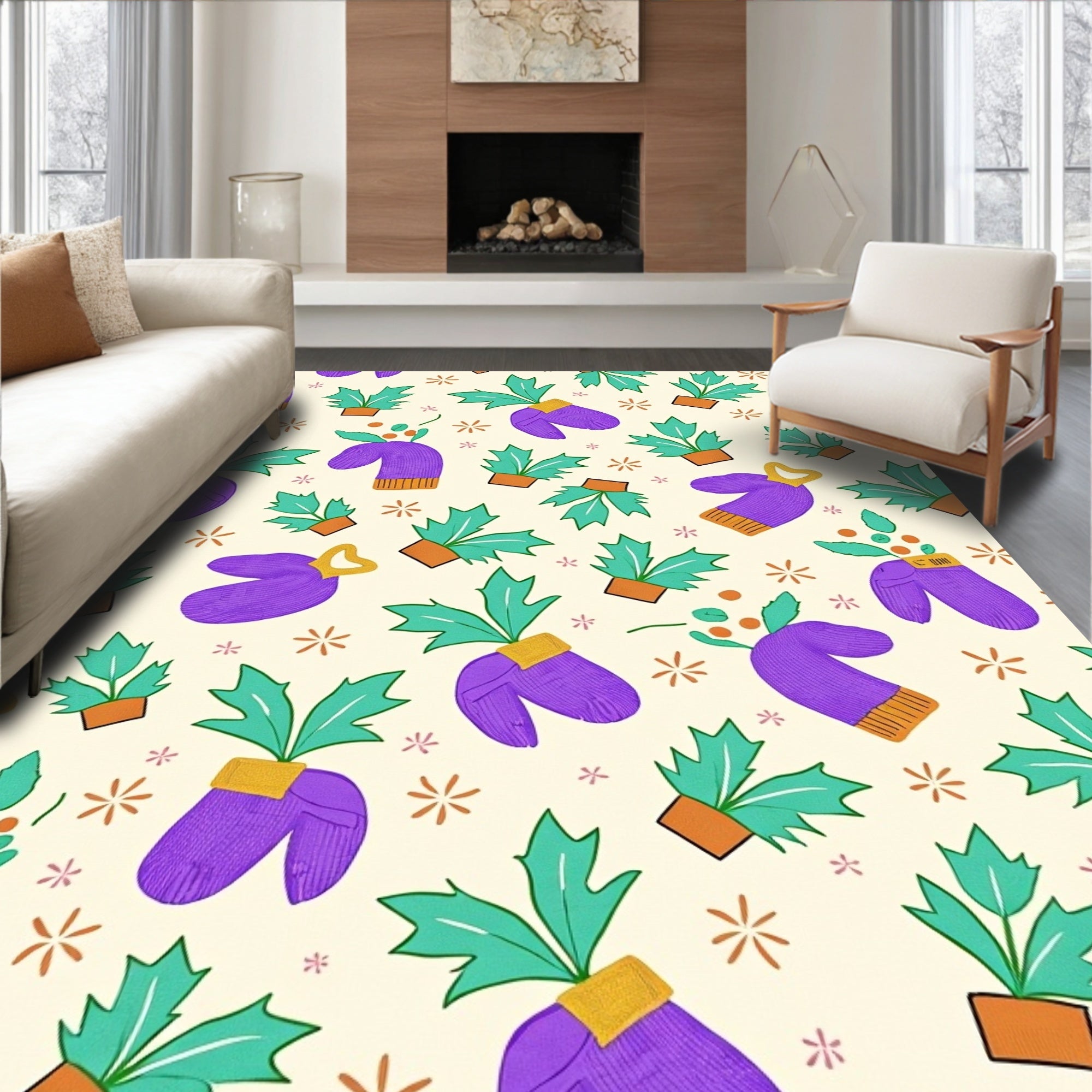 Whimsical Purple Mittens Potted Plants Rug