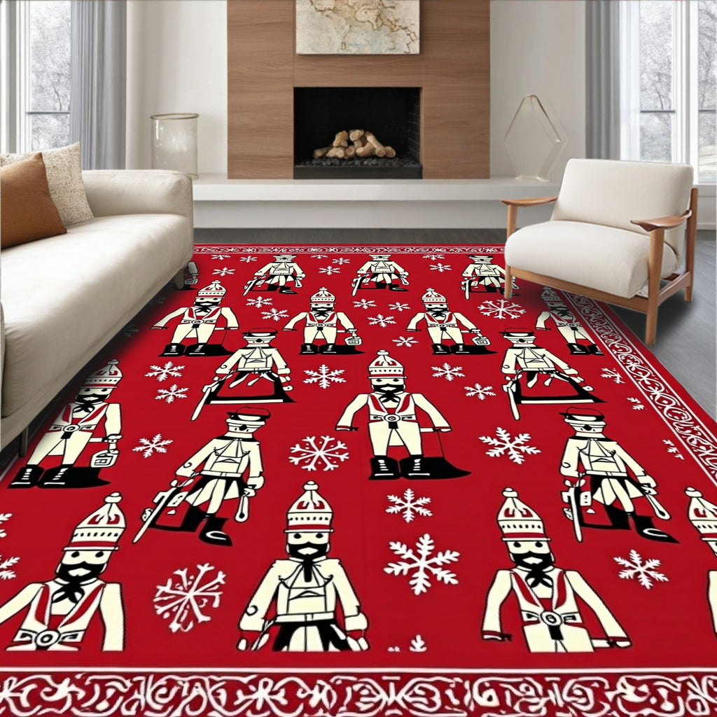 Red Cream Soldier Snowflakes Border Rug