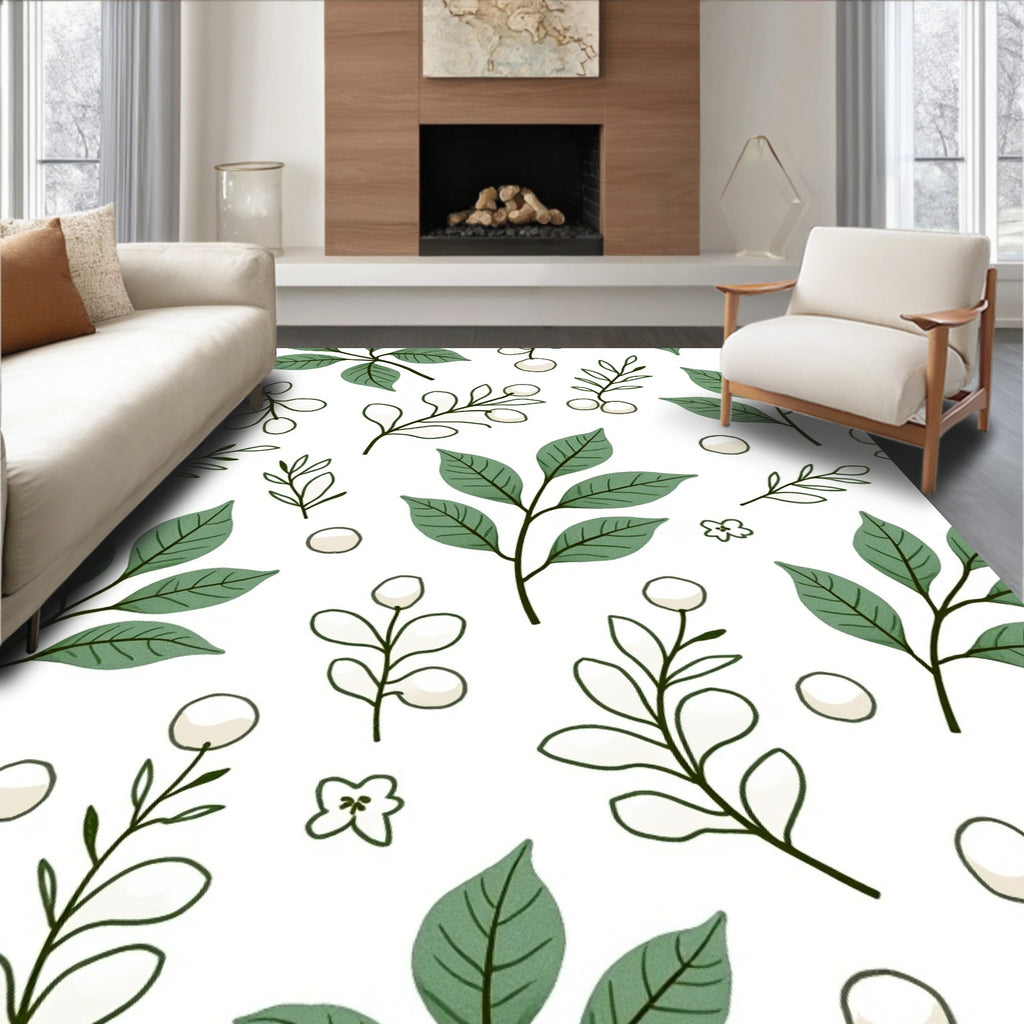 Green Foliage White Berry Branches Rug