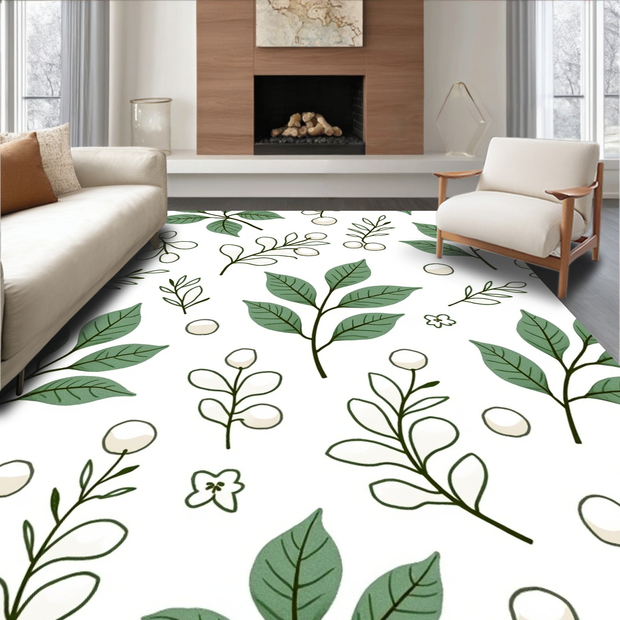 Green Foliage White Berry Branches Rug