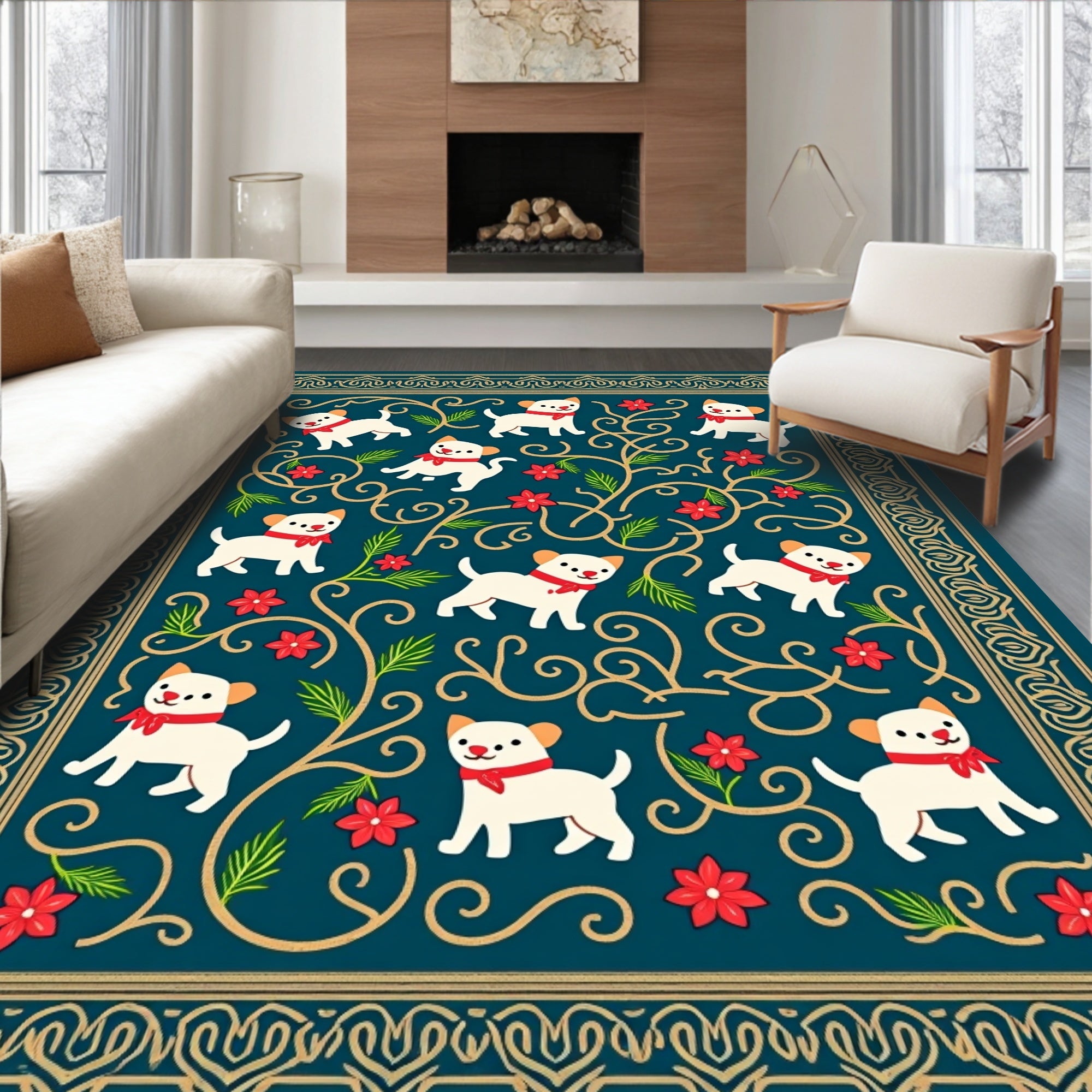 Whimsical White Puppies Red Flowers Trail Rug