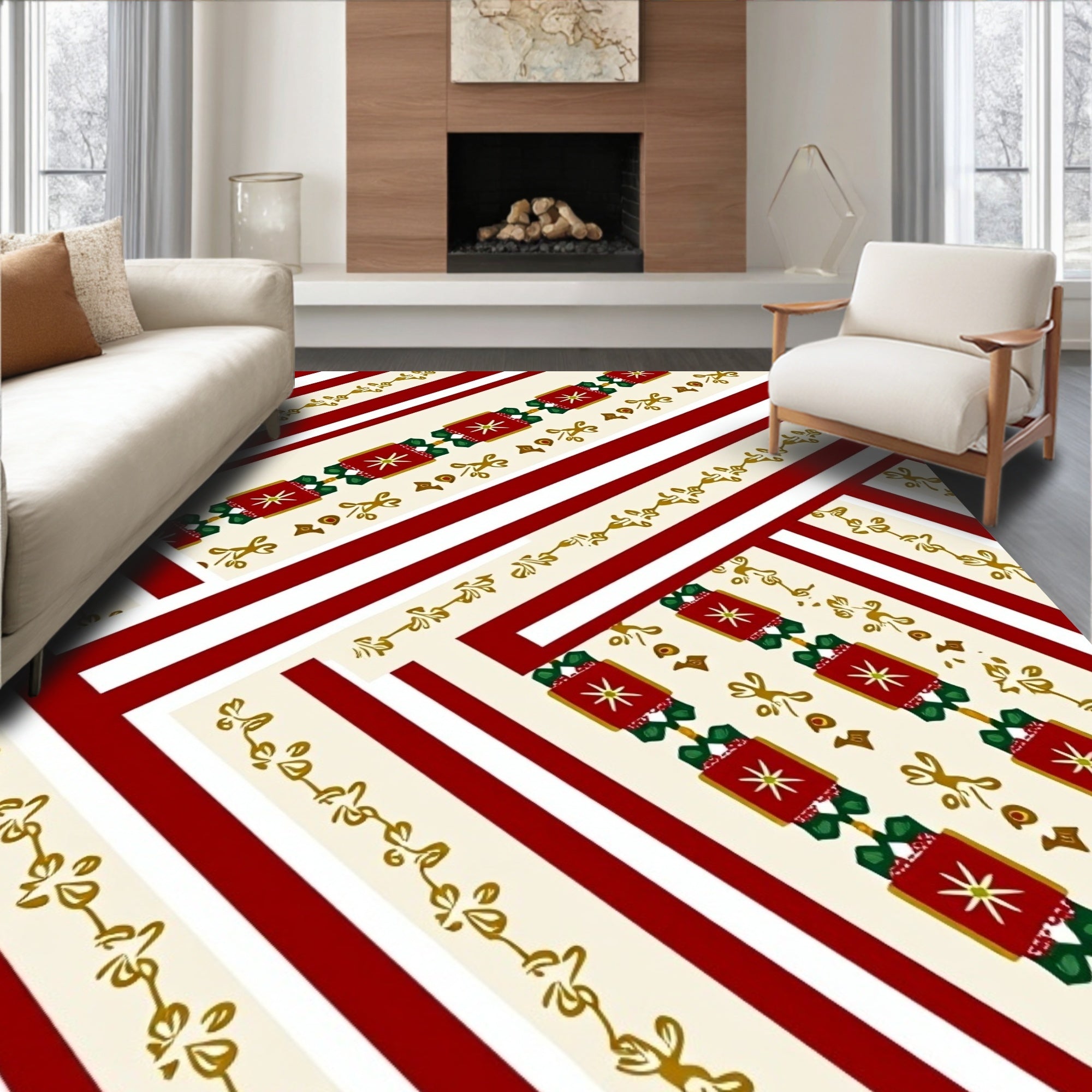 Red Cream Golden Festive Crackers Rug