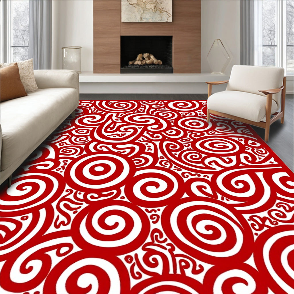 Bold Red Swirl Spiral Collage Rug