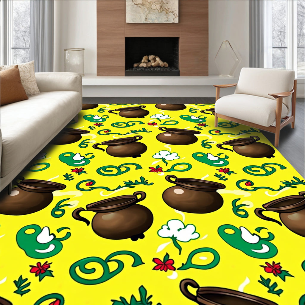 Charming Brown Cauldron Yellow Floral Rug