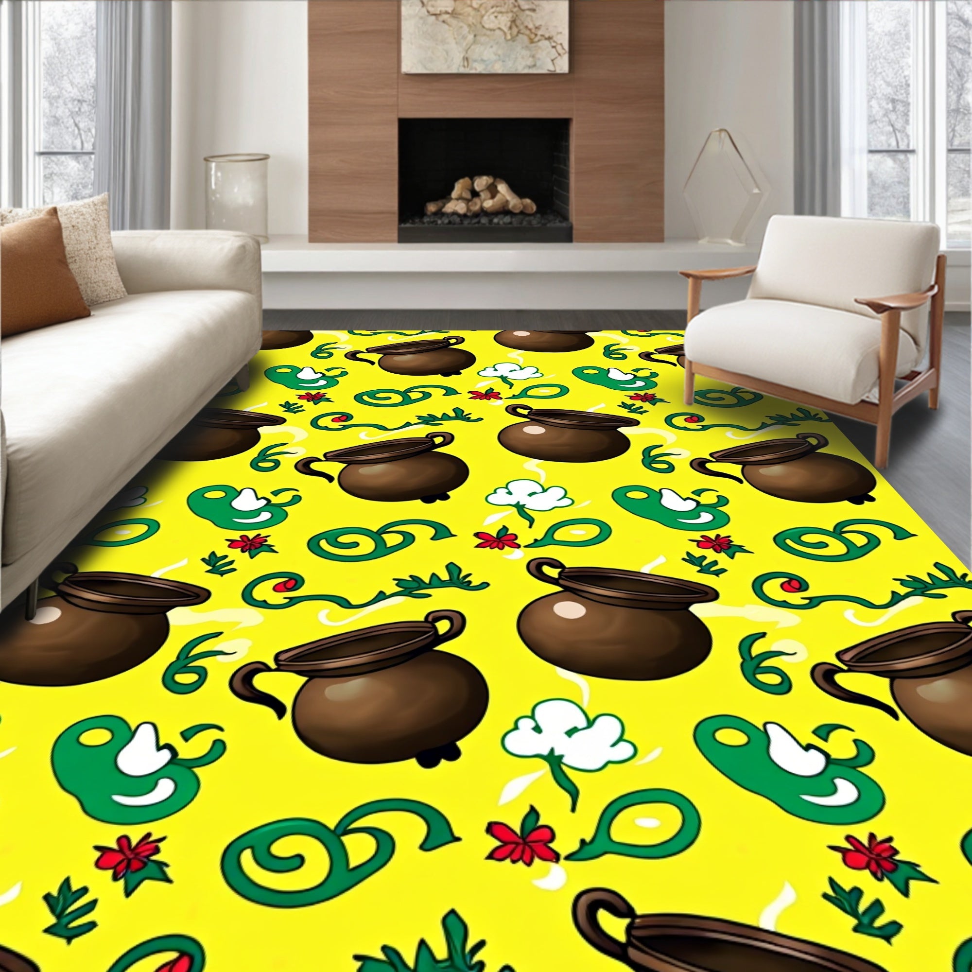Charming Brown Cauldron Yellow Floral Rug