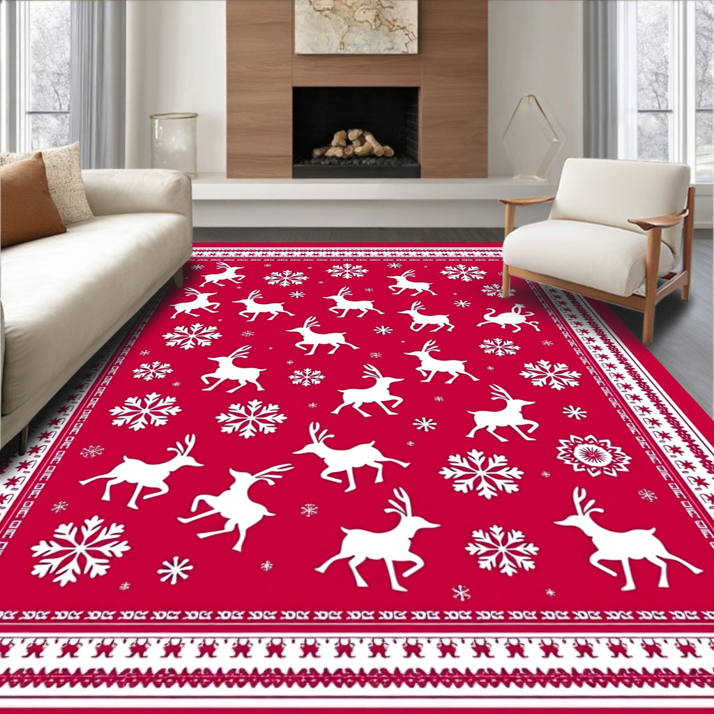 Reindeer Snowflake Crimson Festive Rug