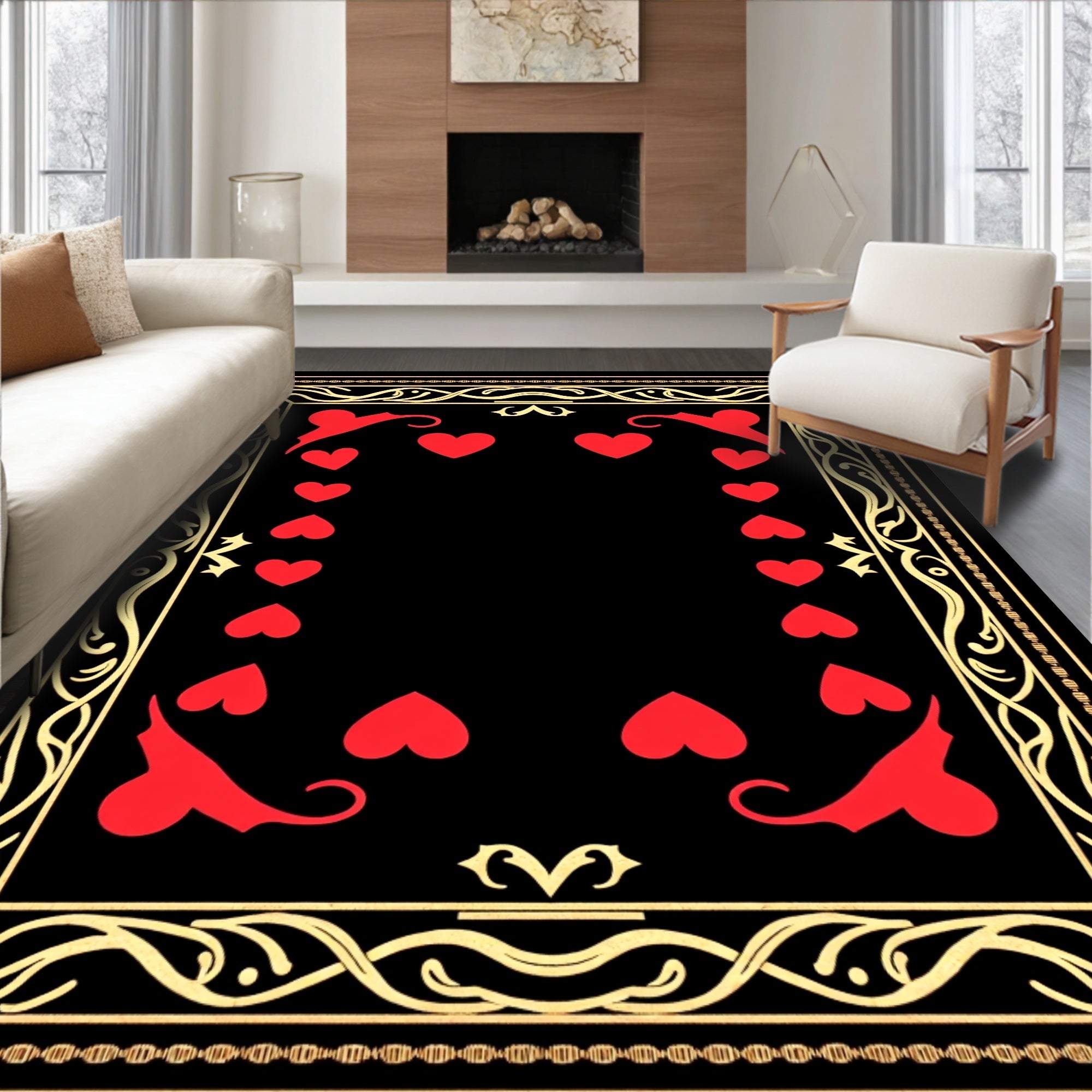 Red Hearts Black Gold Card Frame Rug