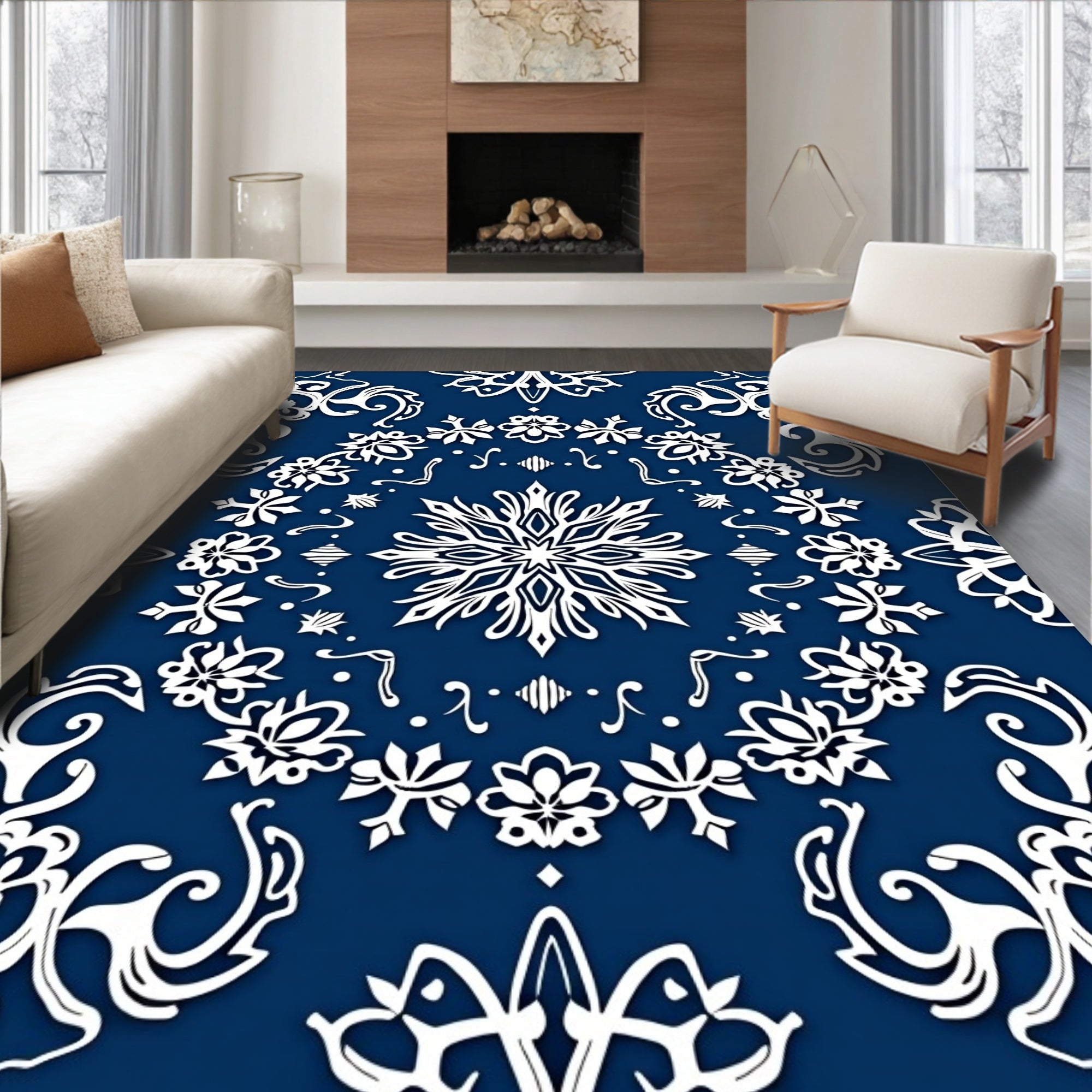 Deep Blue White Floral Snowflake Harmony Rug