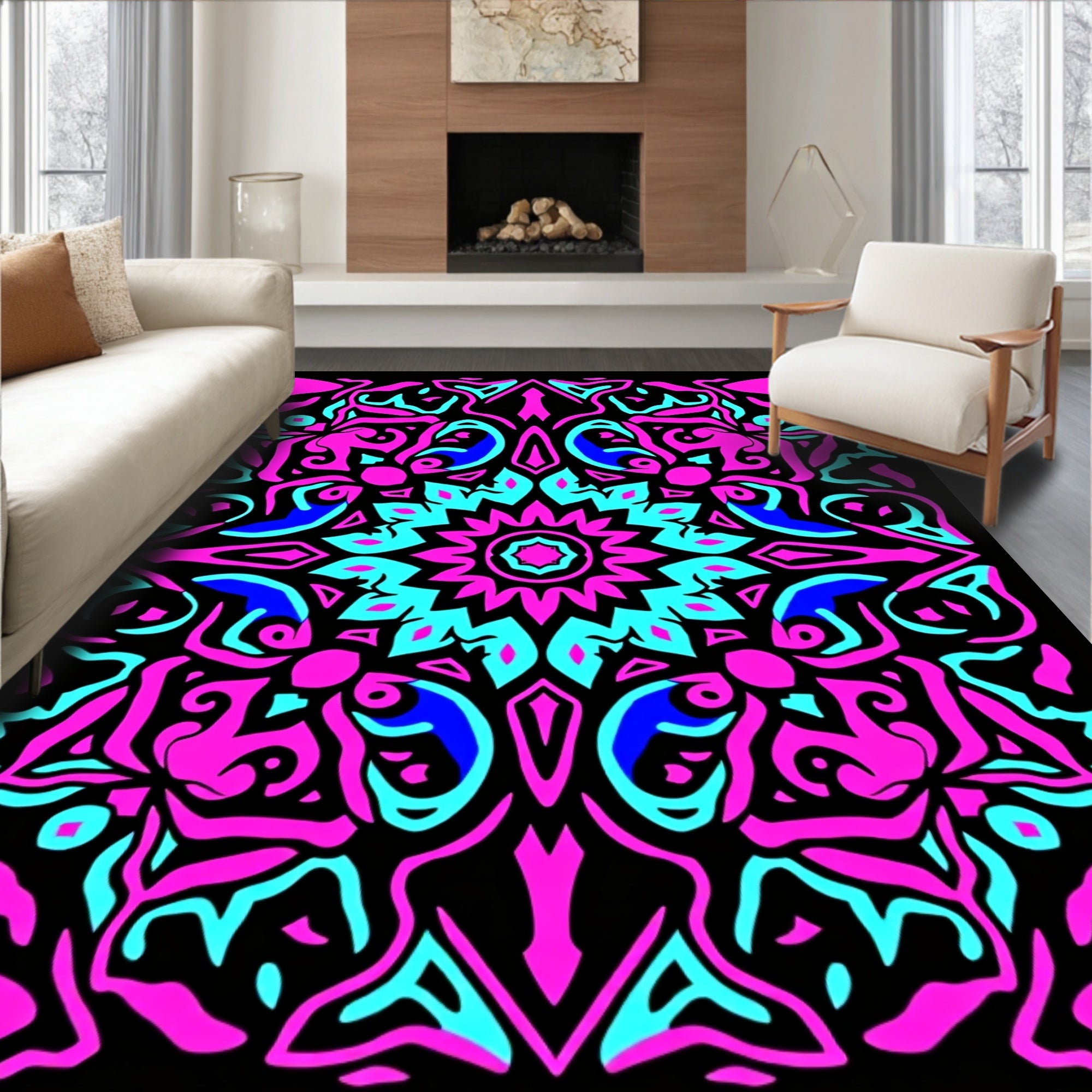 Vibrant Pink Blue Mandala Art Rug