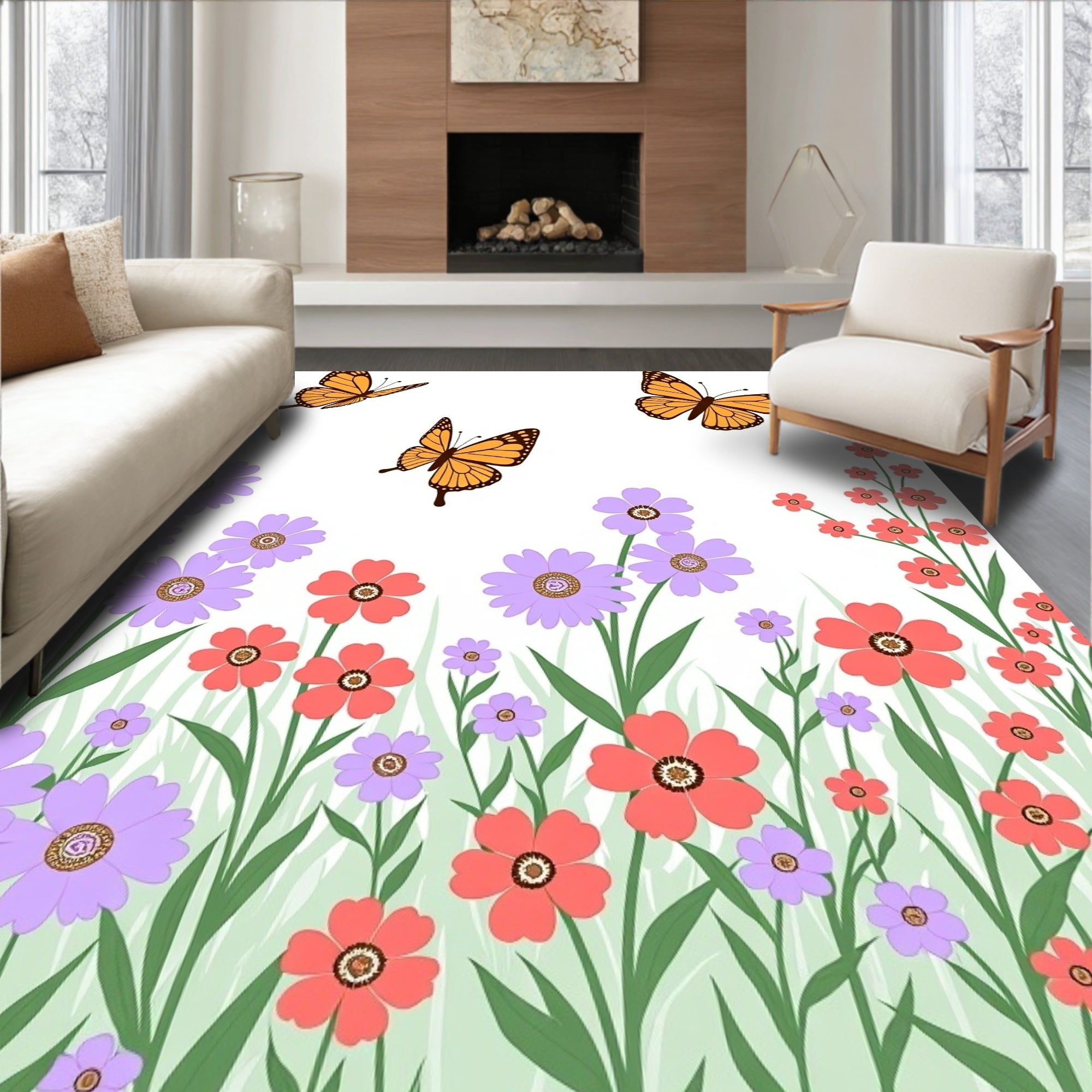 Whimsical Orange Butterfly Garden Rug
