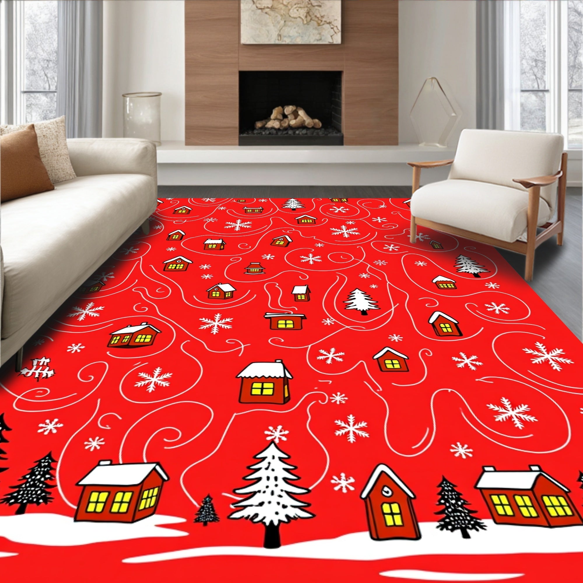 Winter Houses Snowflakes Whimsical Scene Rug