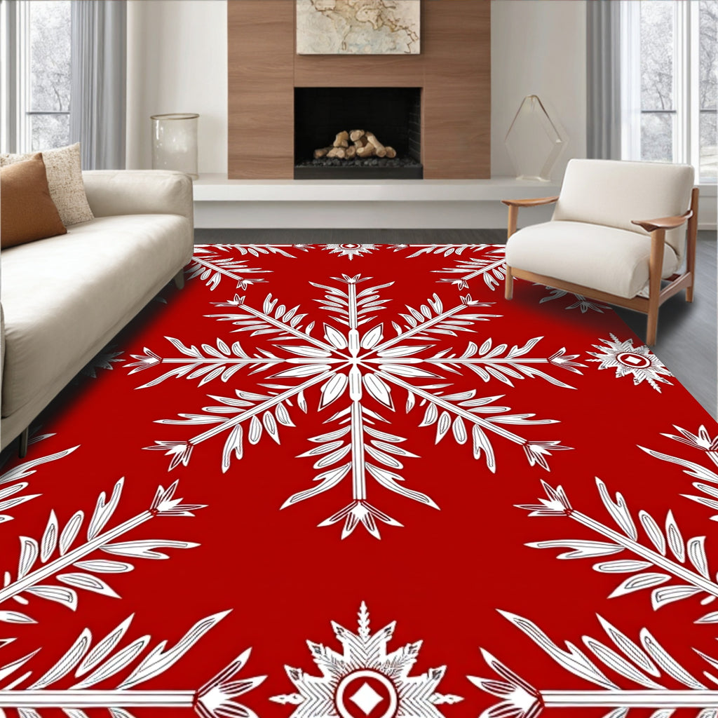 White Festive Snowflakes Red Background Rug