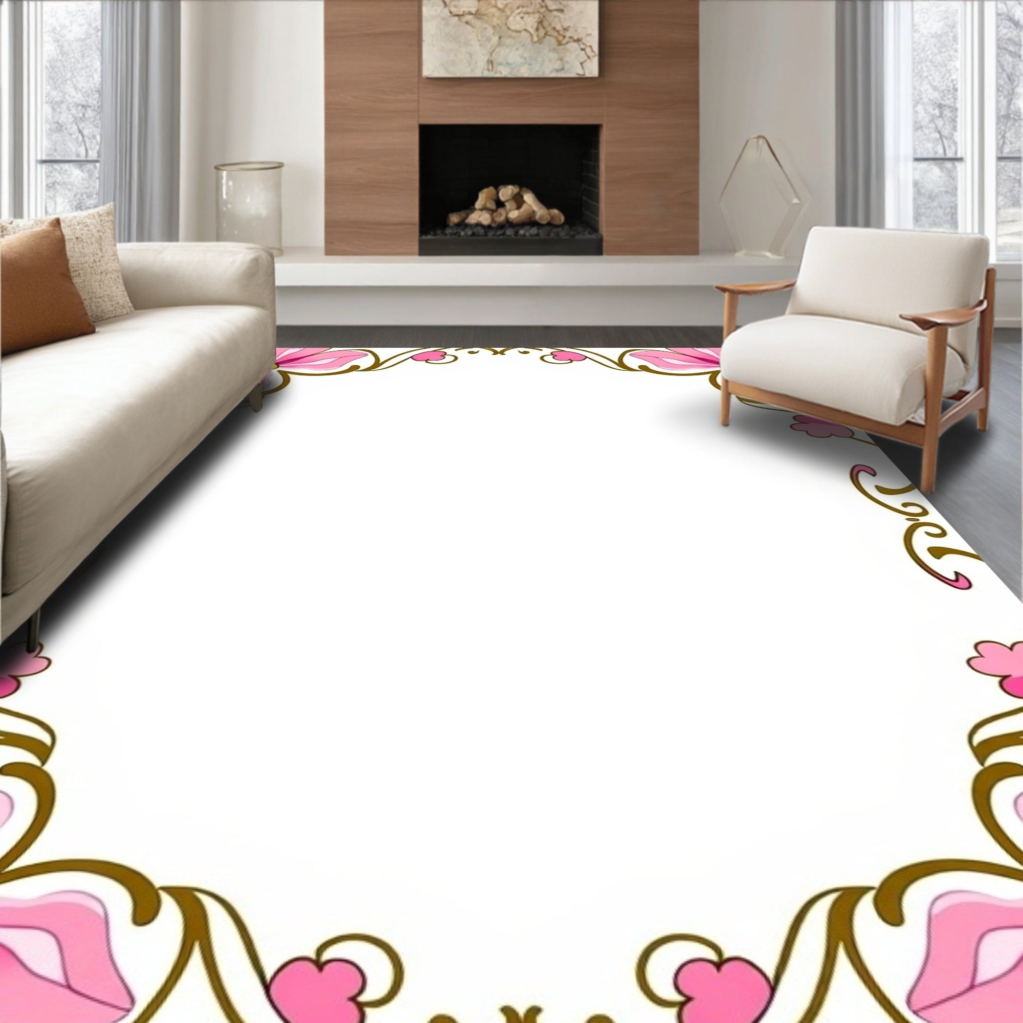 Pink floral vine corner border Rug