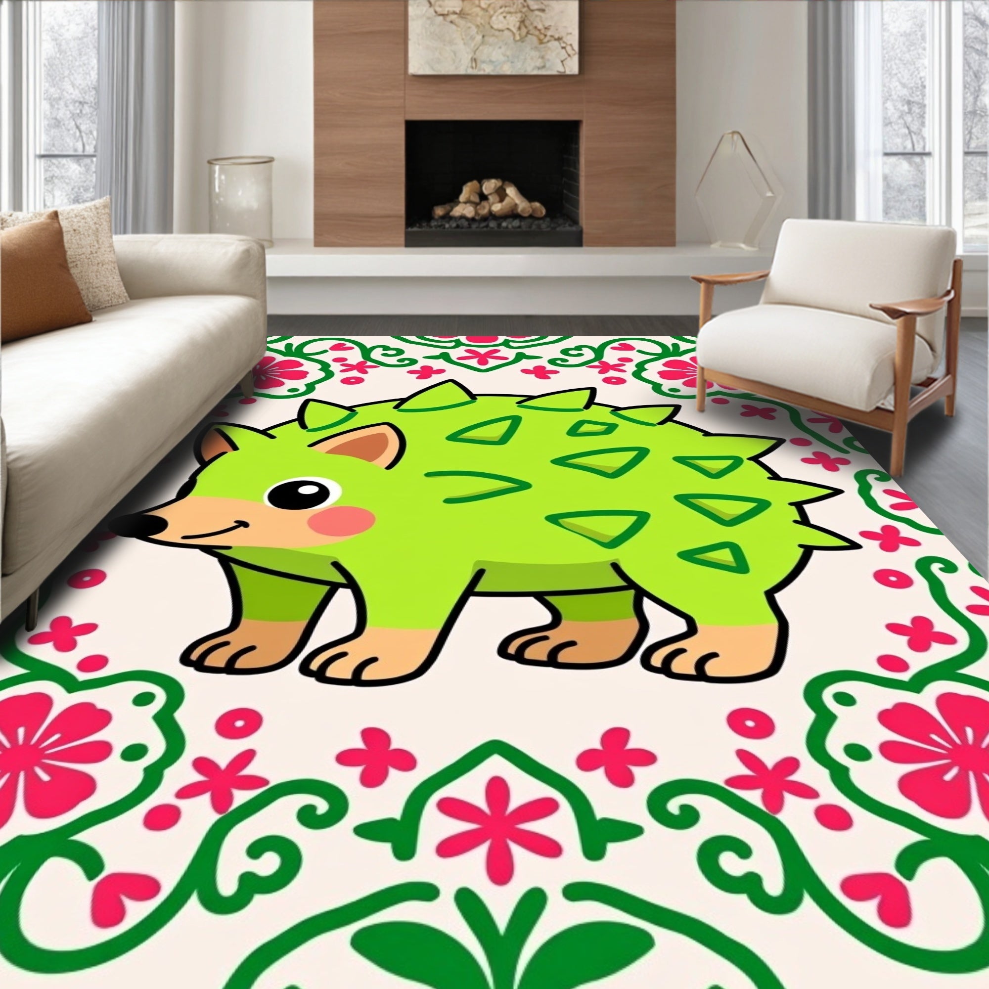 Whimsical Green Spiky Creature Floral Border Rug