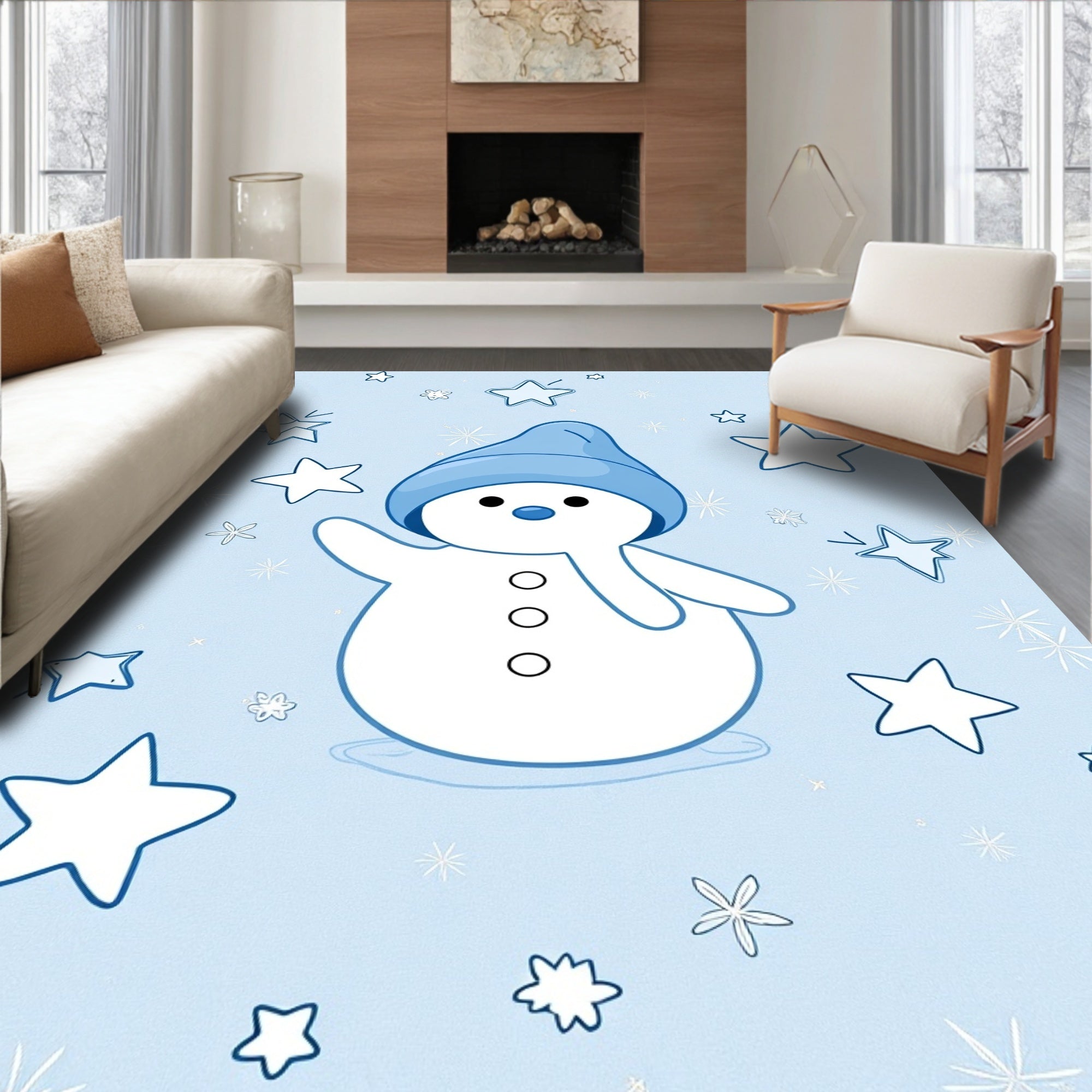Blue Snowman Waving Amongst Stars And Snowflakes Rug