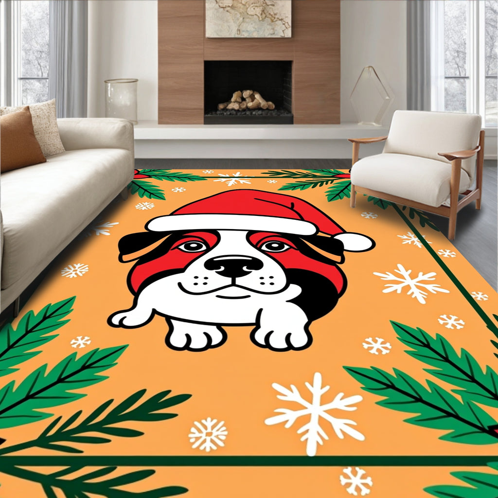 Festive Red Santa Dog Snowflakes Rug