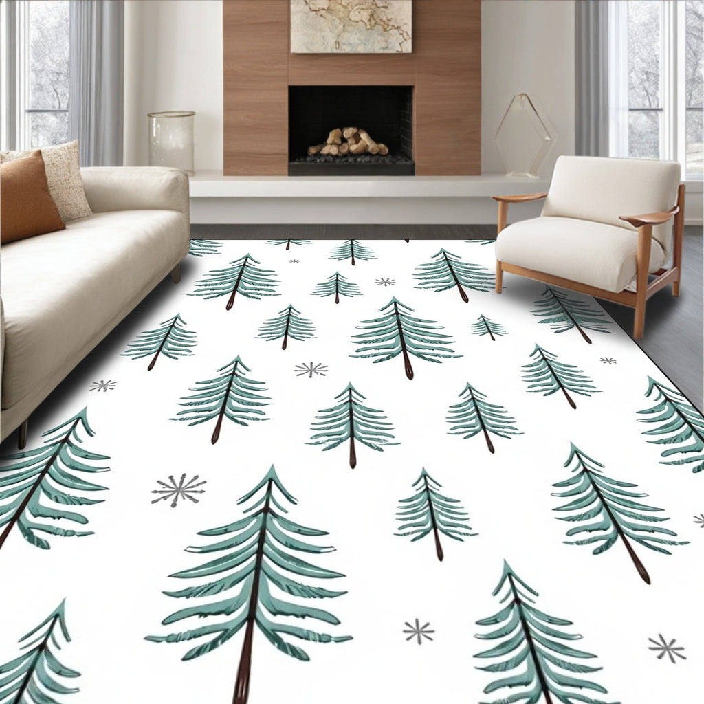 Teal Pine Trees and Snowflakes Rug