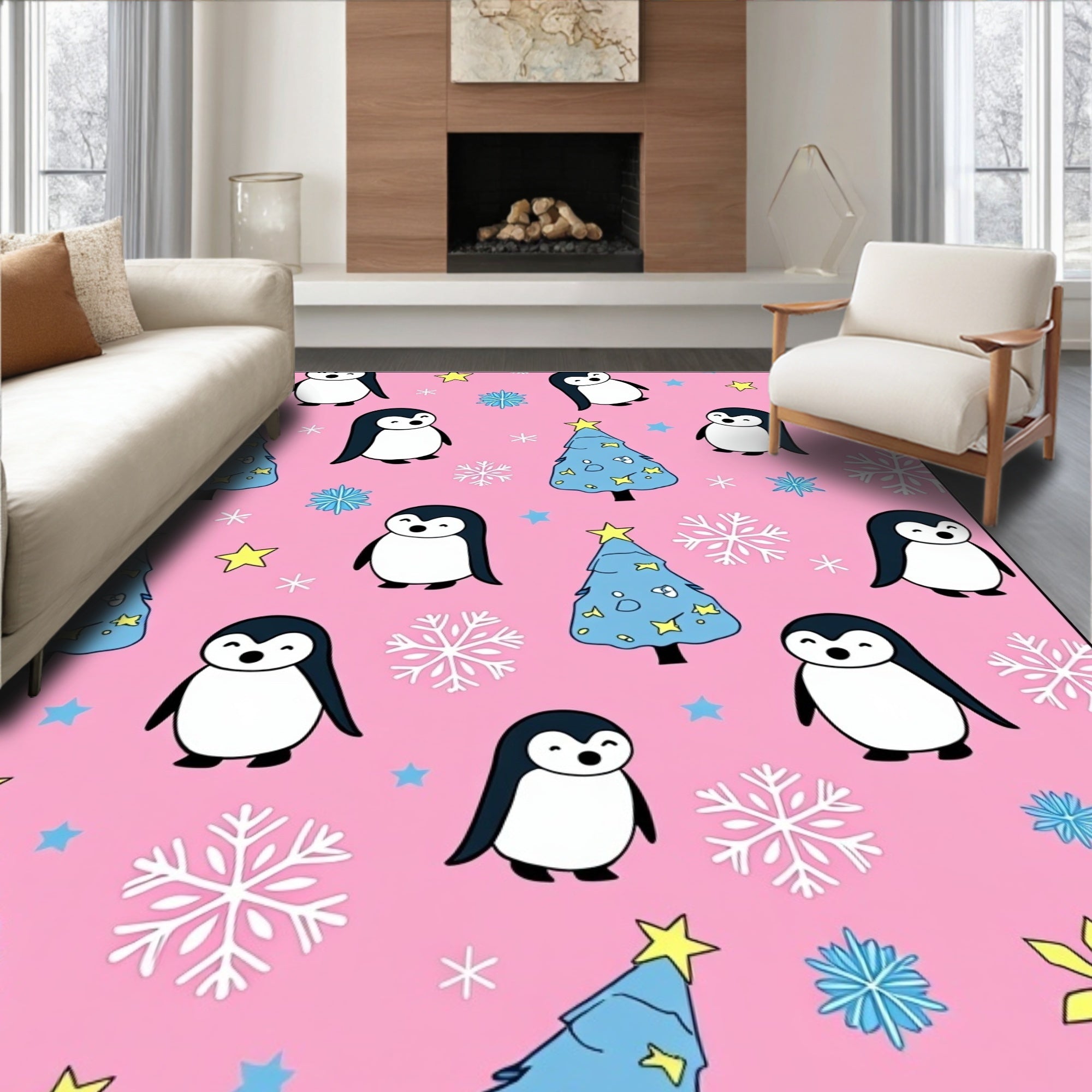 Cute Pink Penguin Christmas Tree Snowflakes Rug