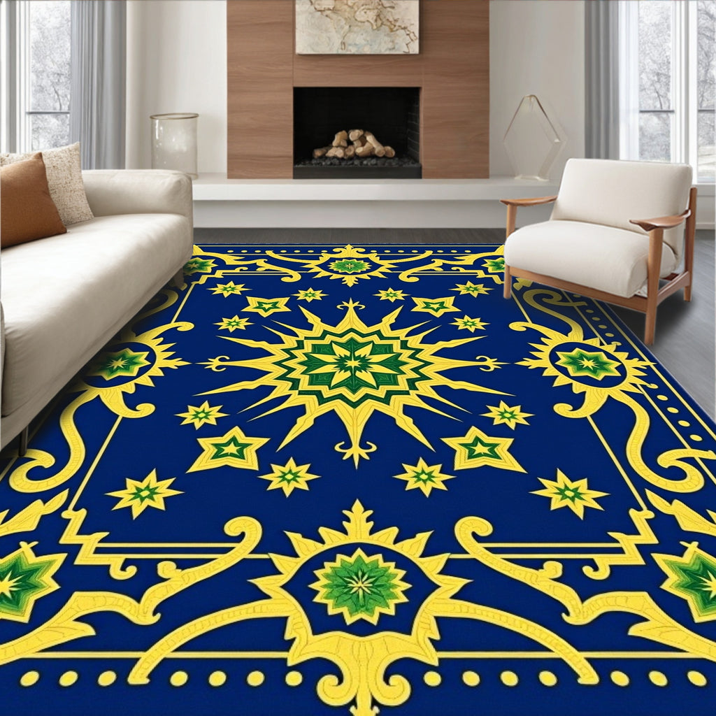 Royal Blue Golden Starburst Medallion Rug