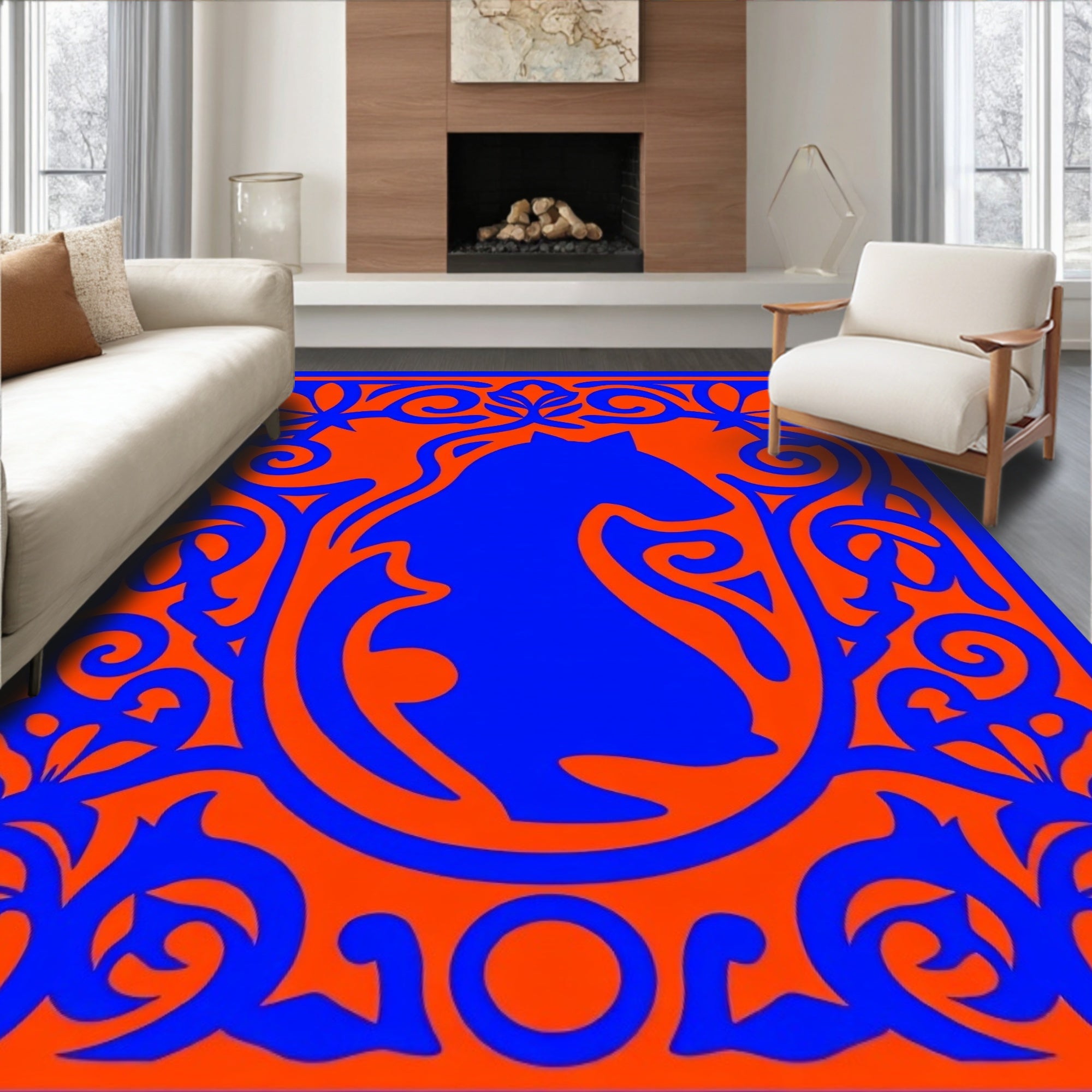 Vibrant Blue Horse Orange Floral Border Rug