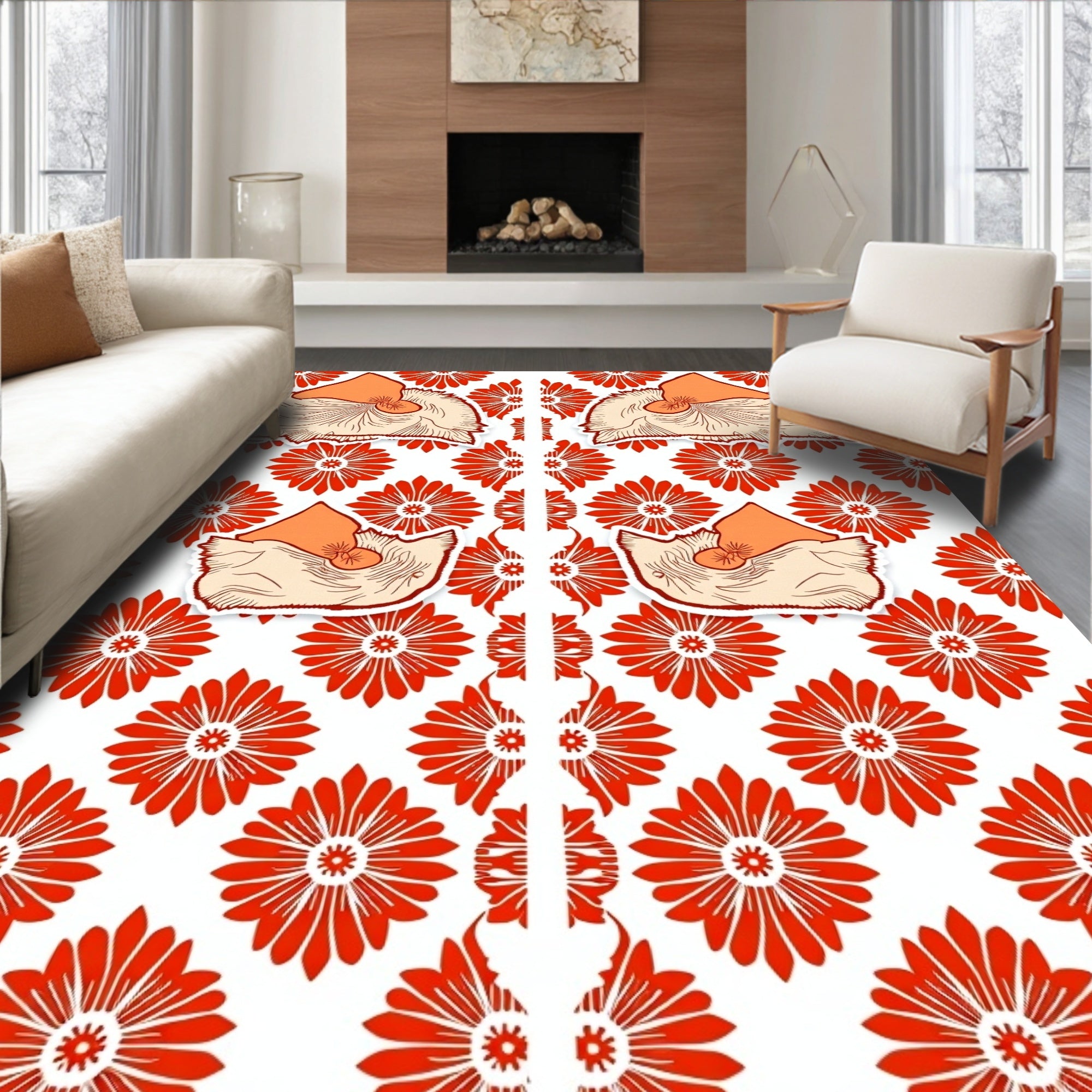 Coral Floral Medallion and Peach Cloud Rug