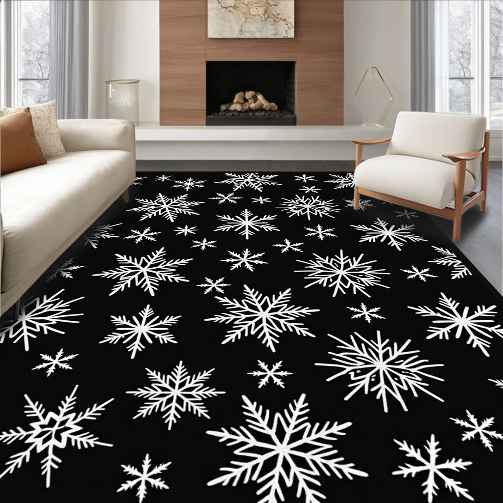 White Snowflakes on Black Background Rug
