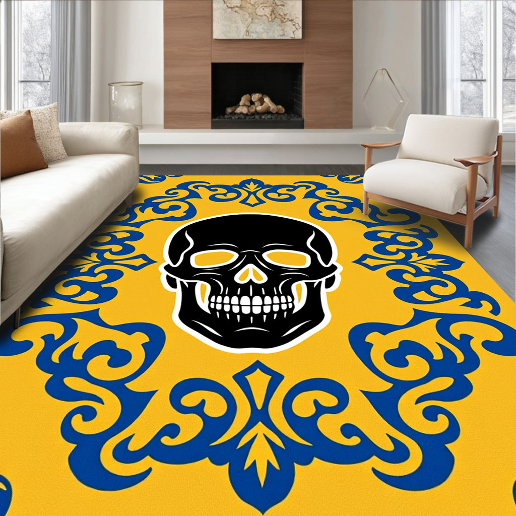 Bold Yellow Blue Skull Damask Rug