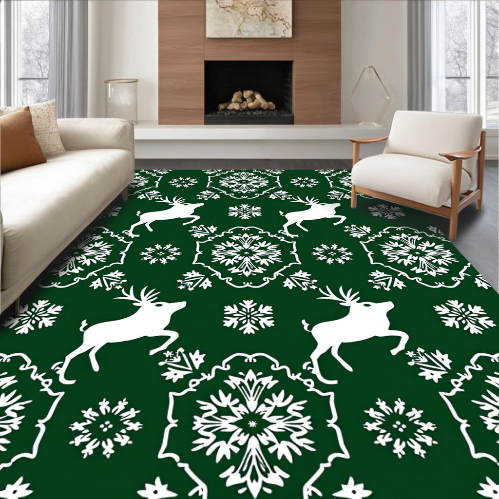 White Reindeer Snowflake Damask Emerald Rug
