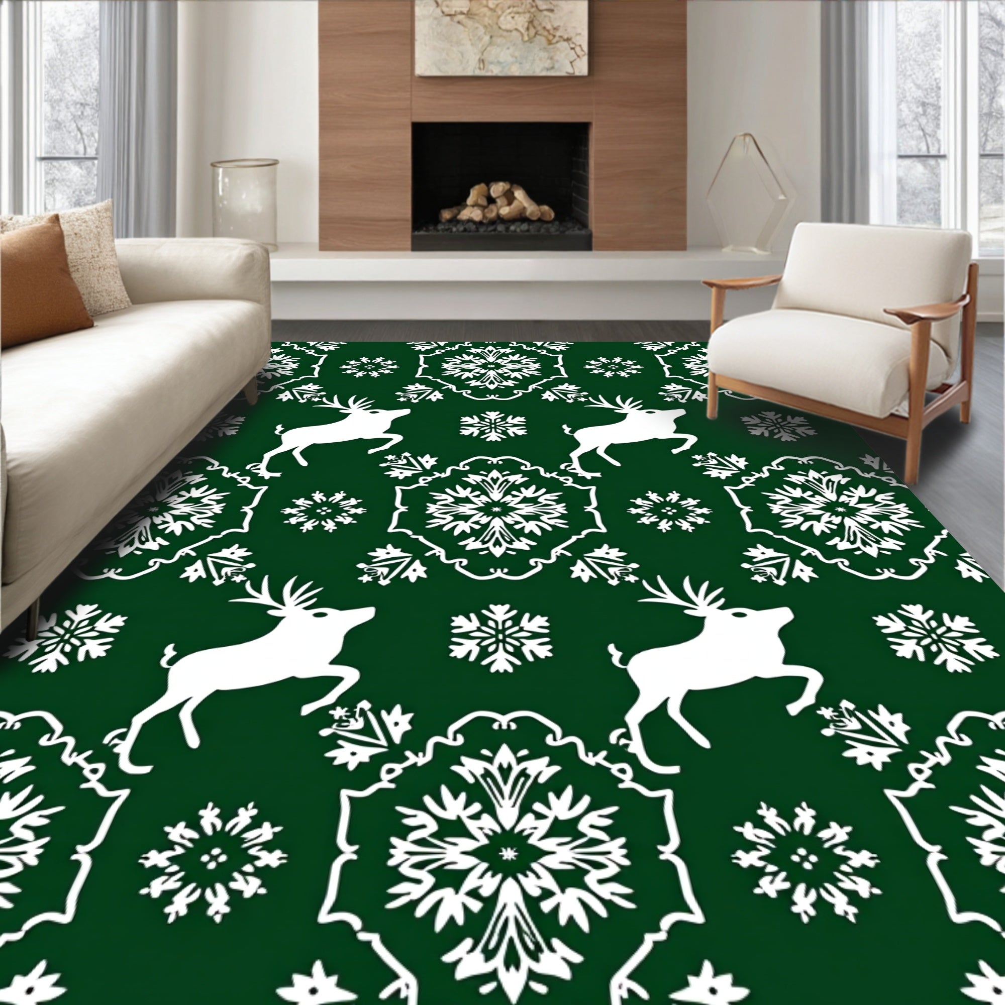 White Reindeer Snowflake Damask Emerald Rug