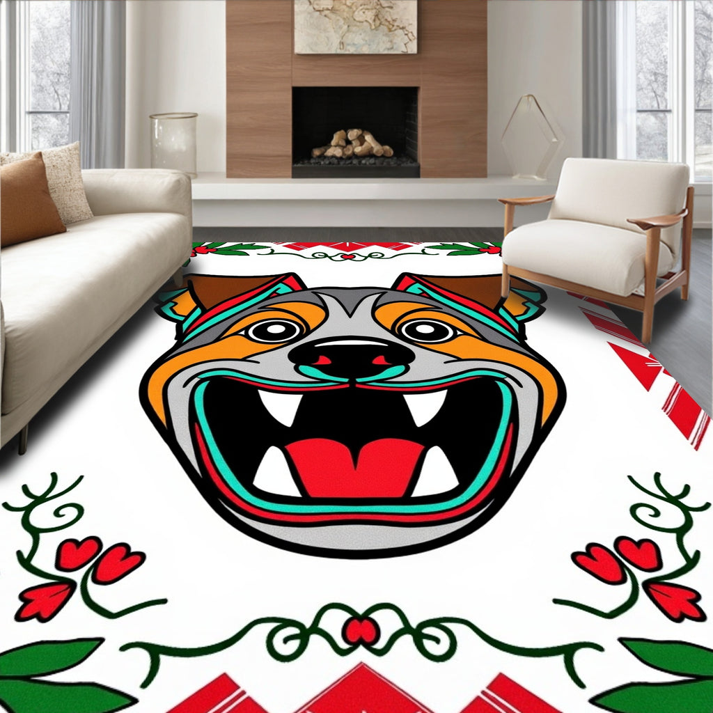 Bold Red Green Bright Dog Face Rug