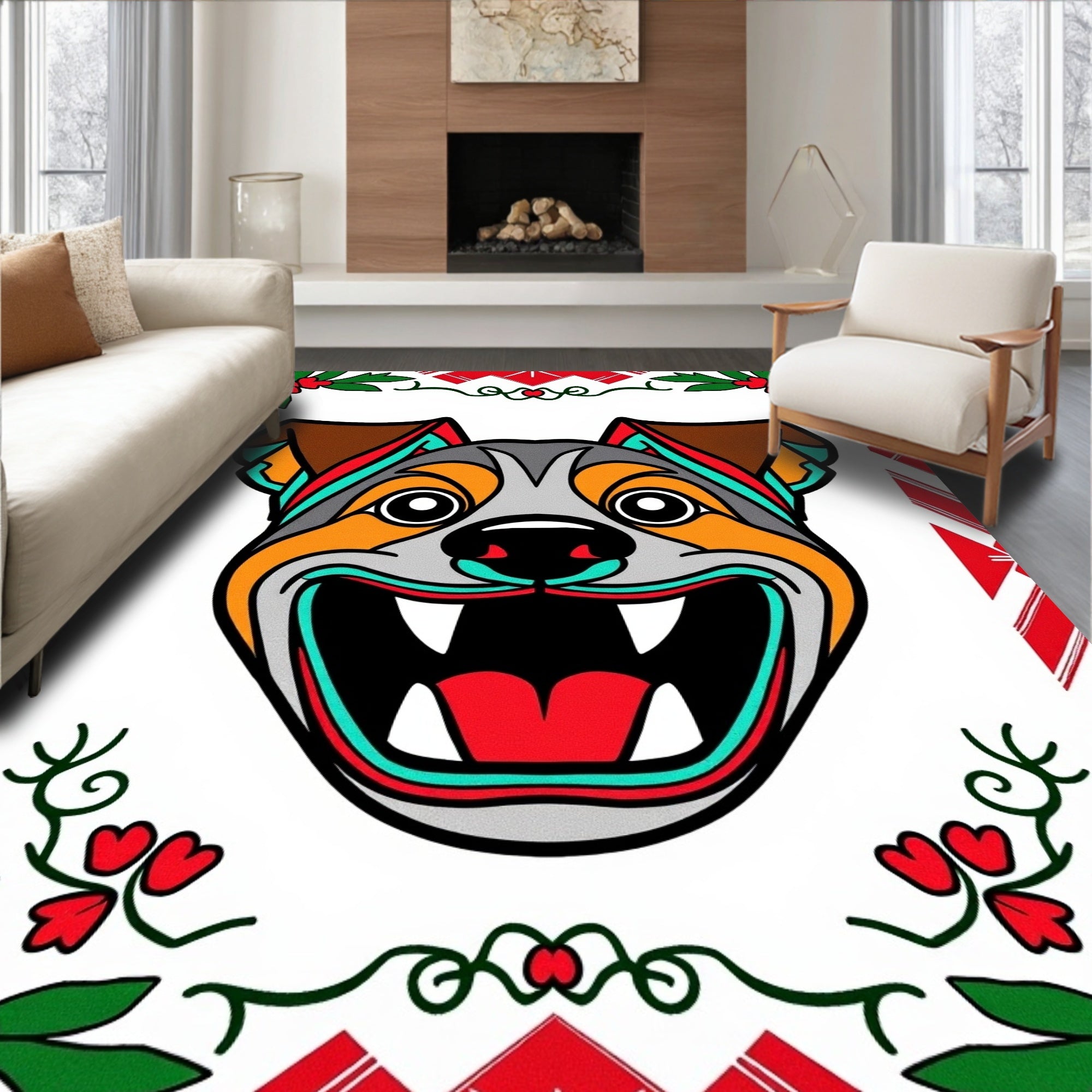 Bold Red Green Bright Dog Face Rug