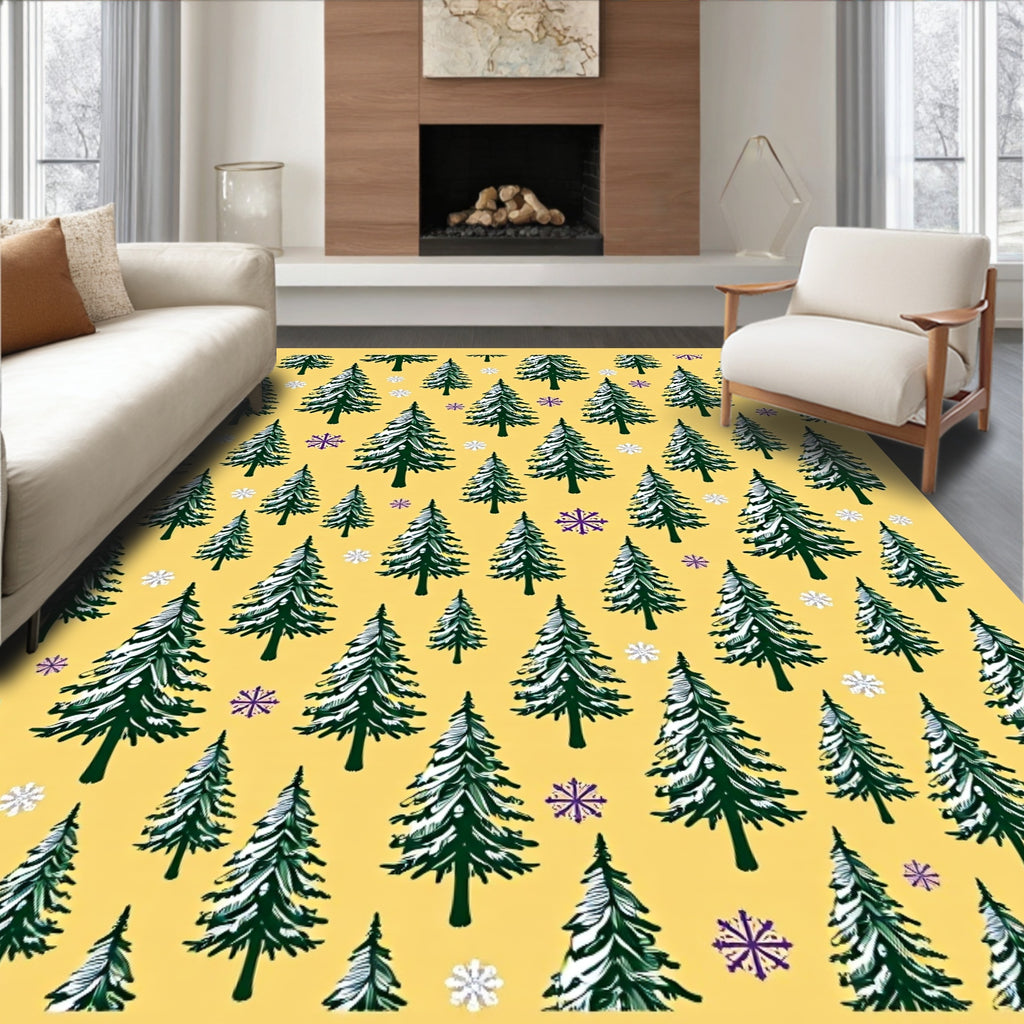 Yellow Firs Snowflakes Winter Scene Rug