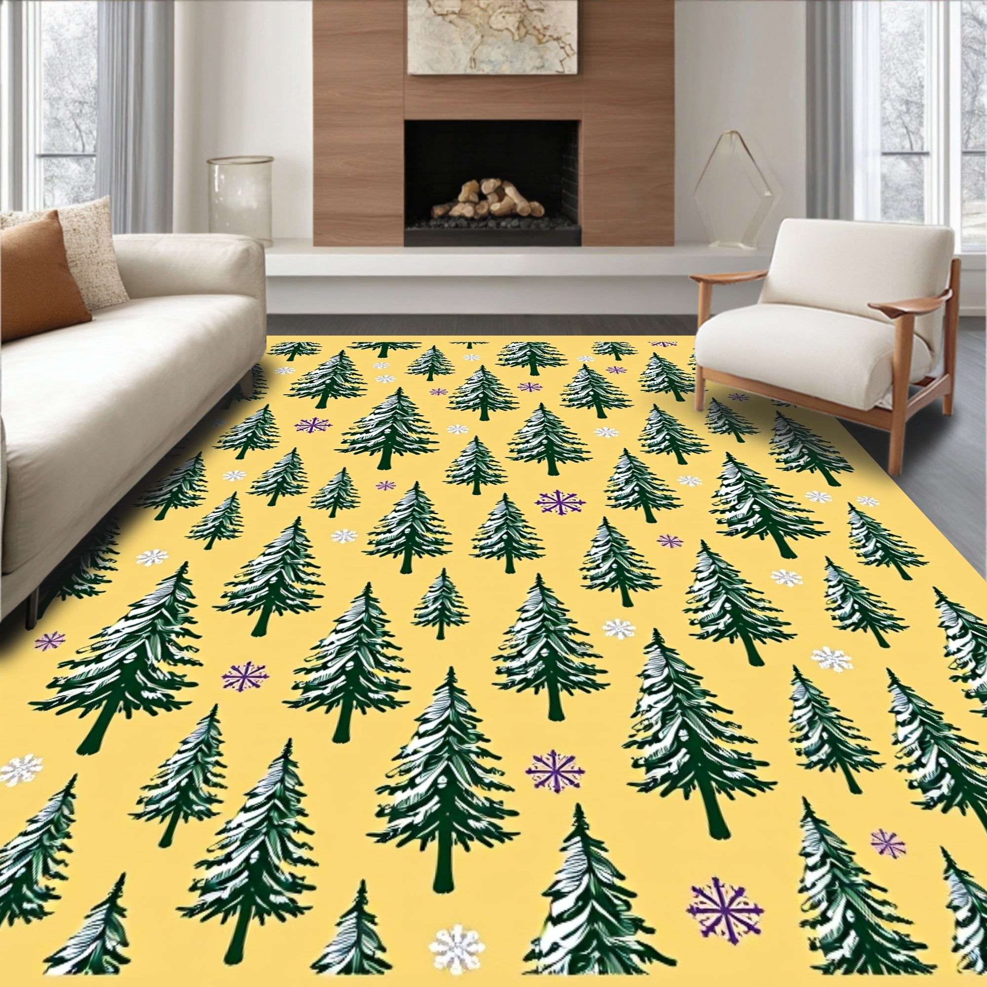 Yellow Firs Snowflakes Winter Scene Rug