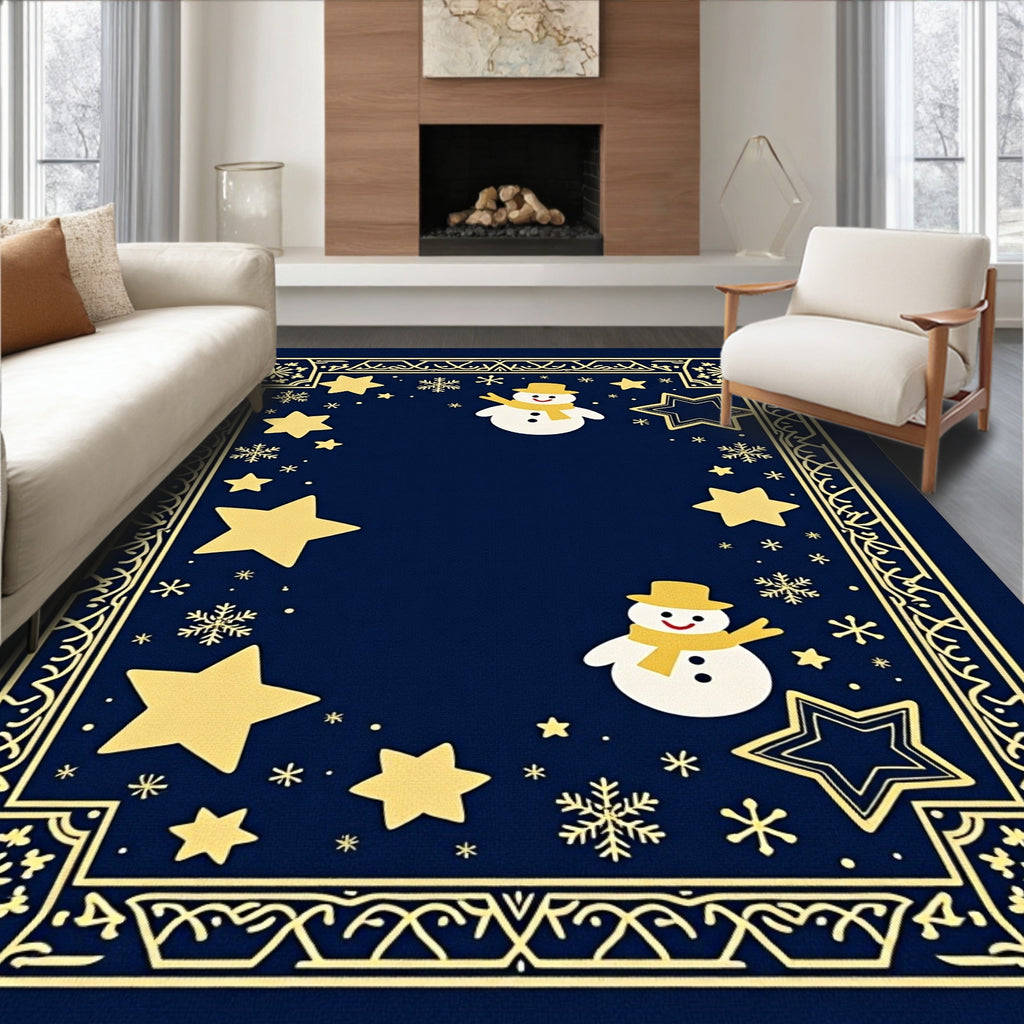 Midnight Blue Snowman Star Festive Border Rug