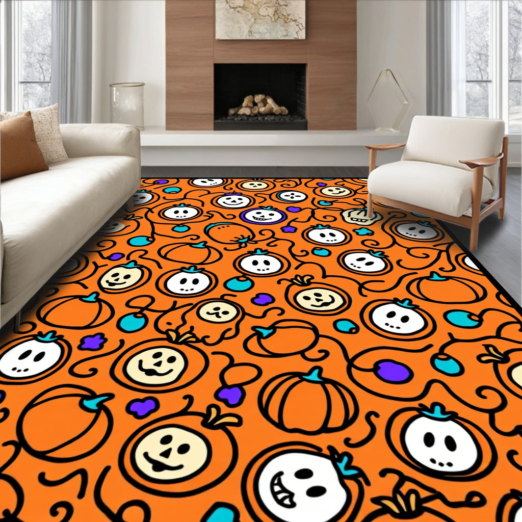 Orange Pumpkin Patch Halloween Characters Rug