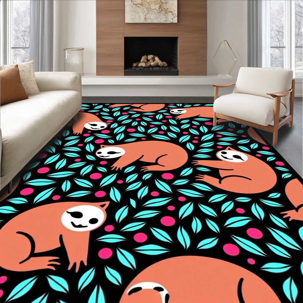 Whimsical Sloth Teal Leaf Pink Dot Rug